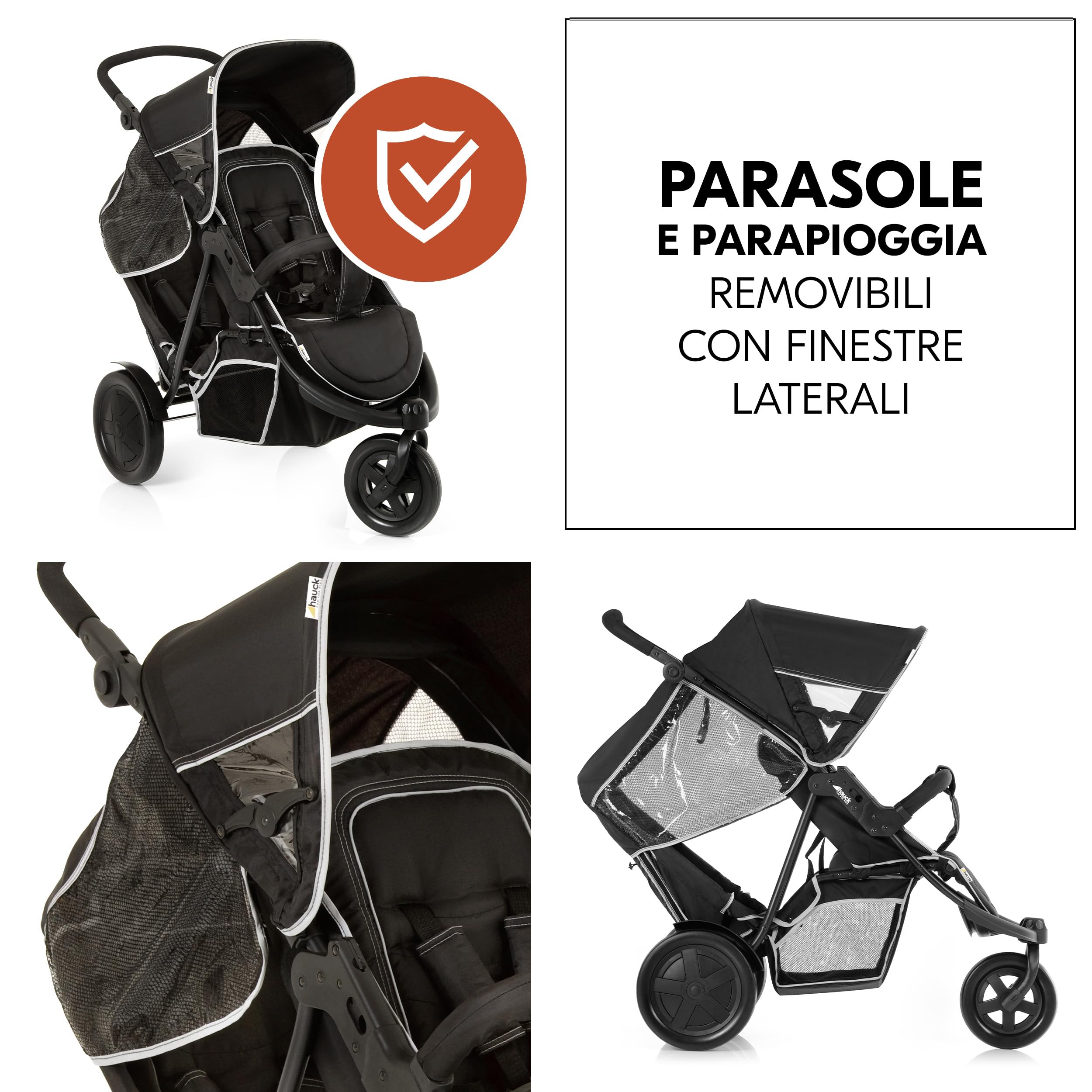 hauck Freerider, Nero - Passeggino 3 Ruote Fratellare Tandem per 2 Bambini Età Diversa, Sedile Superiore dalla Nascita, Seduta in Basso dai 6 Mesi, Maniglione Regolabile, Pieghevole, Grande Cesto