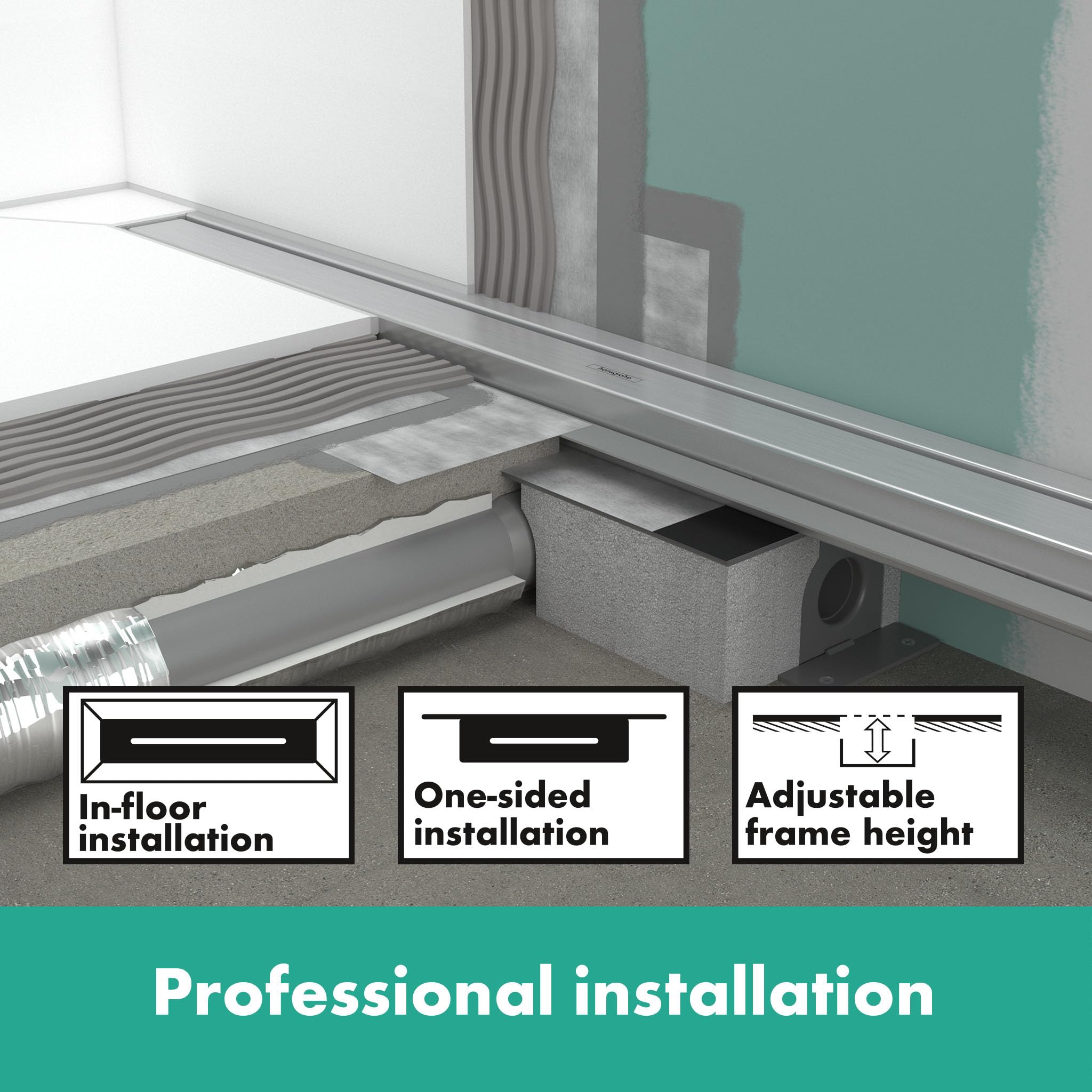 hansgrohe RainDrain Match - Caniveau de douche linéaire 600 mm, Siphon de sol avec cadre réglable en hauteur, Chromé, 56036000