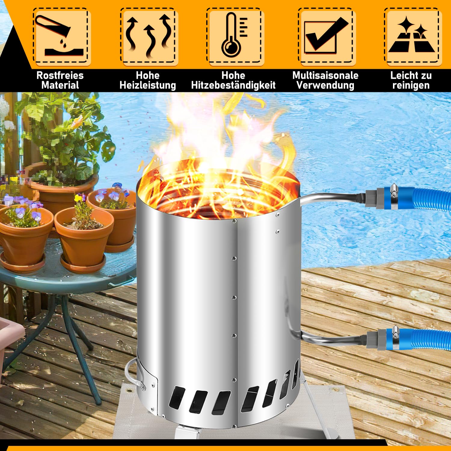 Fiqops Calefacción para piscina de leña con fuego, calentador de piscina de acero inoxidable con barril de fuego, estufa de piscina con conexiones de 32 – 38 mm, calefacción de piscina exterior de