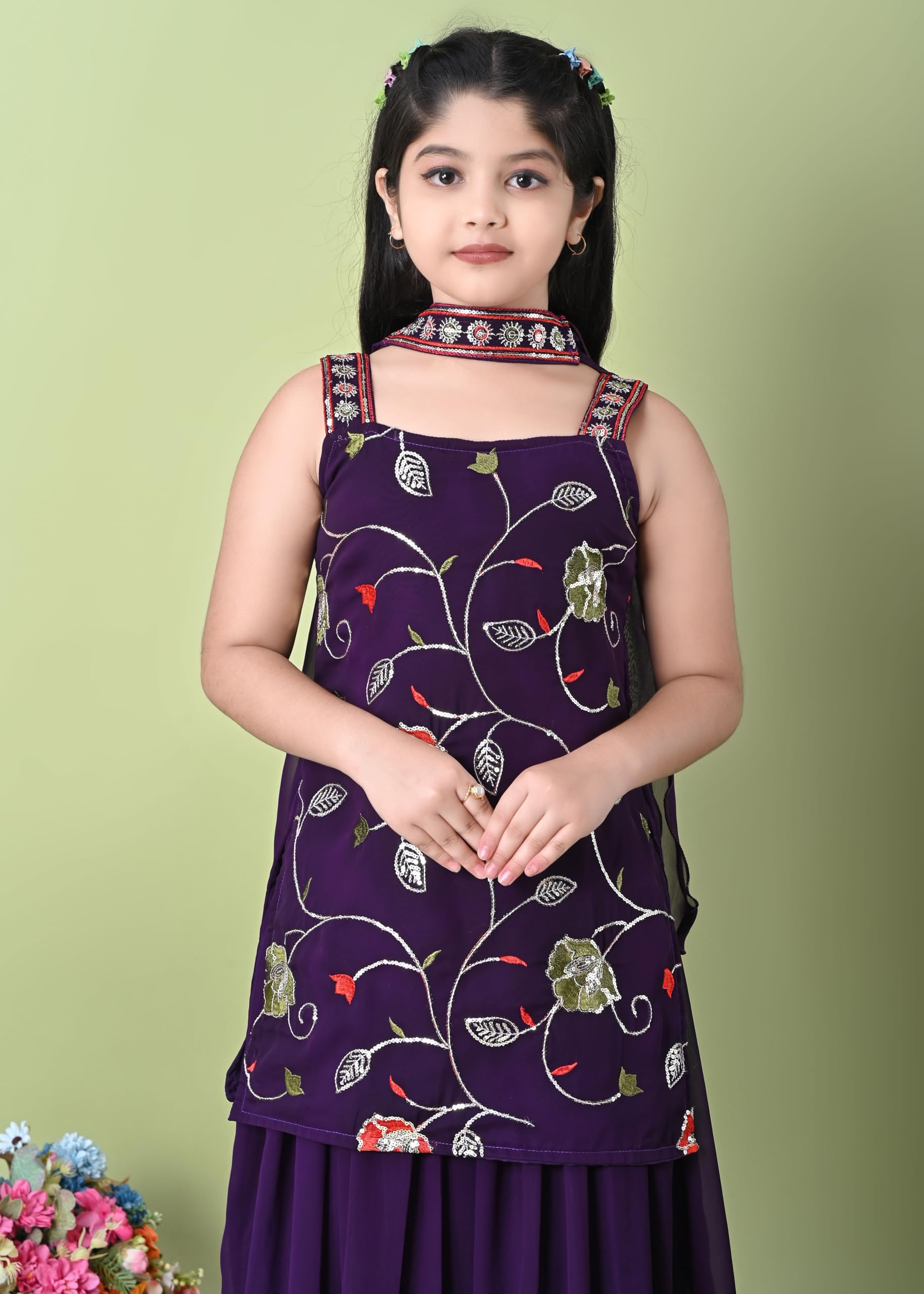 SPAMitude - Georgette Embroidery Sequin Kurta, Skirt and Dupatta Set for Girls – Ethnic Party Dress I Birthday Trendy Classic Outfit I Square Neck Sleeveless (PURPLE, 9-10 YEARS) - Image 9 thumbnail
