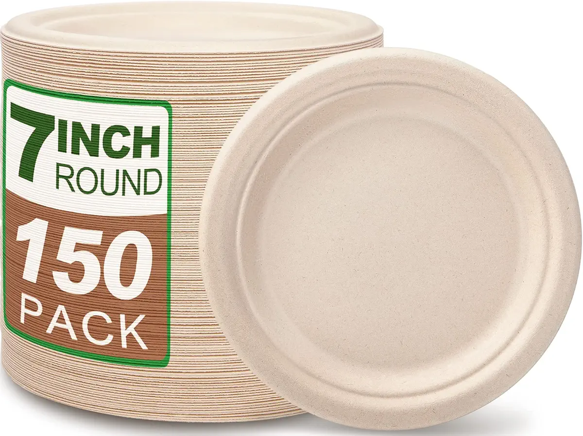 Unves 100% Compostable Plates, 150 Pack 7 Inch Heavy Duty Paper Plates, Disposable Party Plates, Eco-Friendly Biodegradable Plates for Daily Meals, Camping, Picnic - Natural Sugarcane Fiber(Brown)