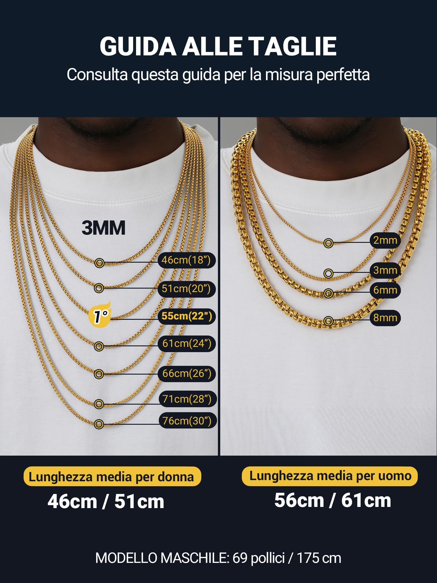 PROSTEEL Collana Uomo Donna a Catena Scatola Quadrata, Acciaio Inossidabile/Placcato Oro 18K, 3mm 6mm Larghezza, Collana Lunga Corta Sottile Grande, Argento Oro Nero, Regalo Perfetto (con Confezione)