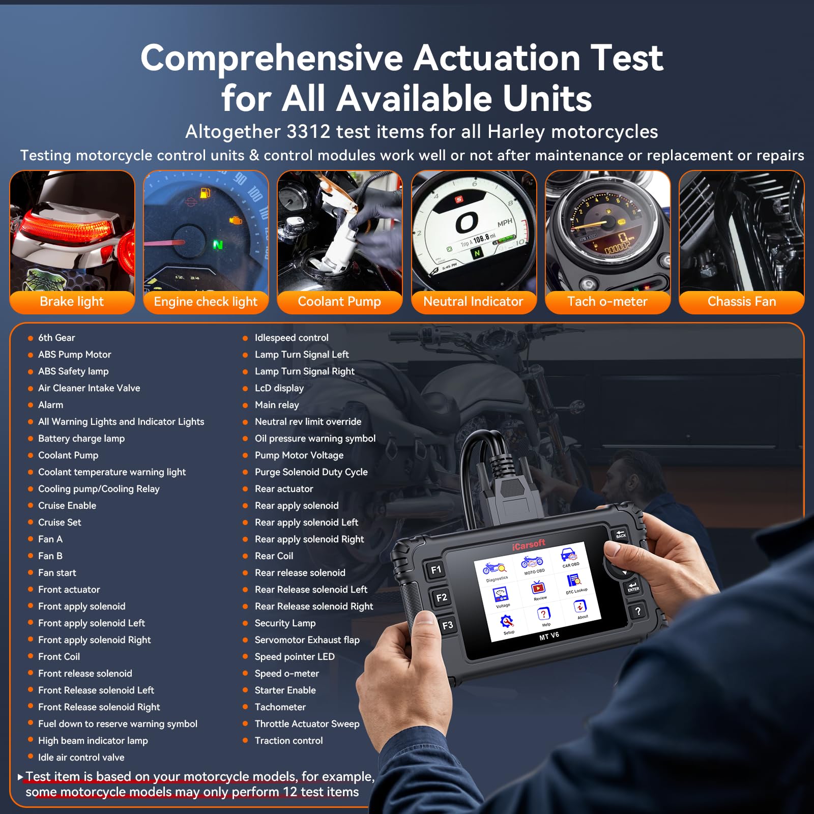 iCarsoft MT V6 Outil de diagnostic de moto pour Harley, tous les systèmes de diagnostic OBD2 avec 57 tests d'actionnement, 43 fonctions spéciales, réinitialisation d'huile/ETC/ABS/ESA/ralenti moteur
