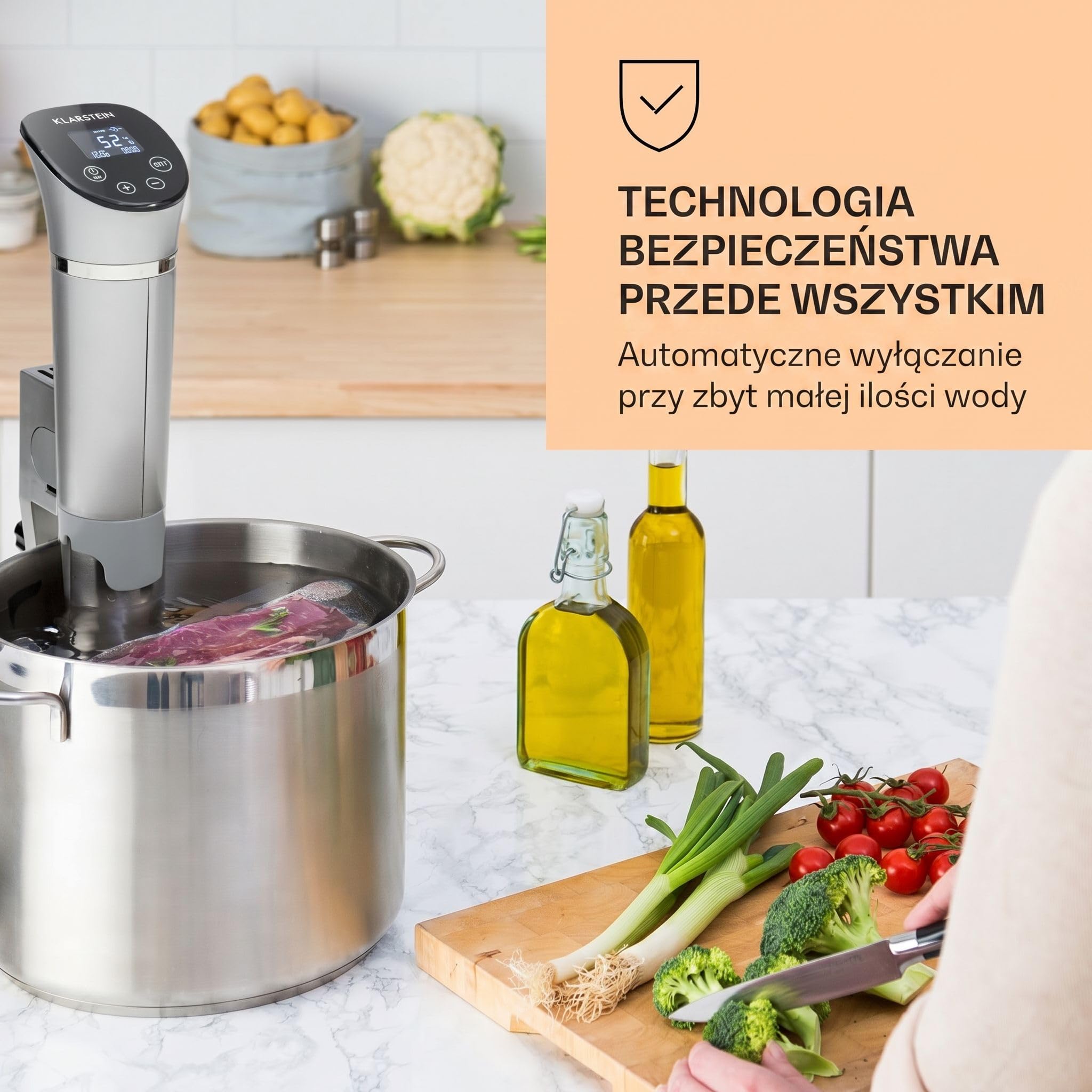 Klarstein Quickstick - Urządzenie sous-vide, Precyzyjny podgrzewacz, Wolnowar, 1300 W, Funkcja timera, 3D Circulating, 0-95 °C, Wyświetlacz dotykowy LCD, Wodoodporny, do 20 litrów, flex, srebrny