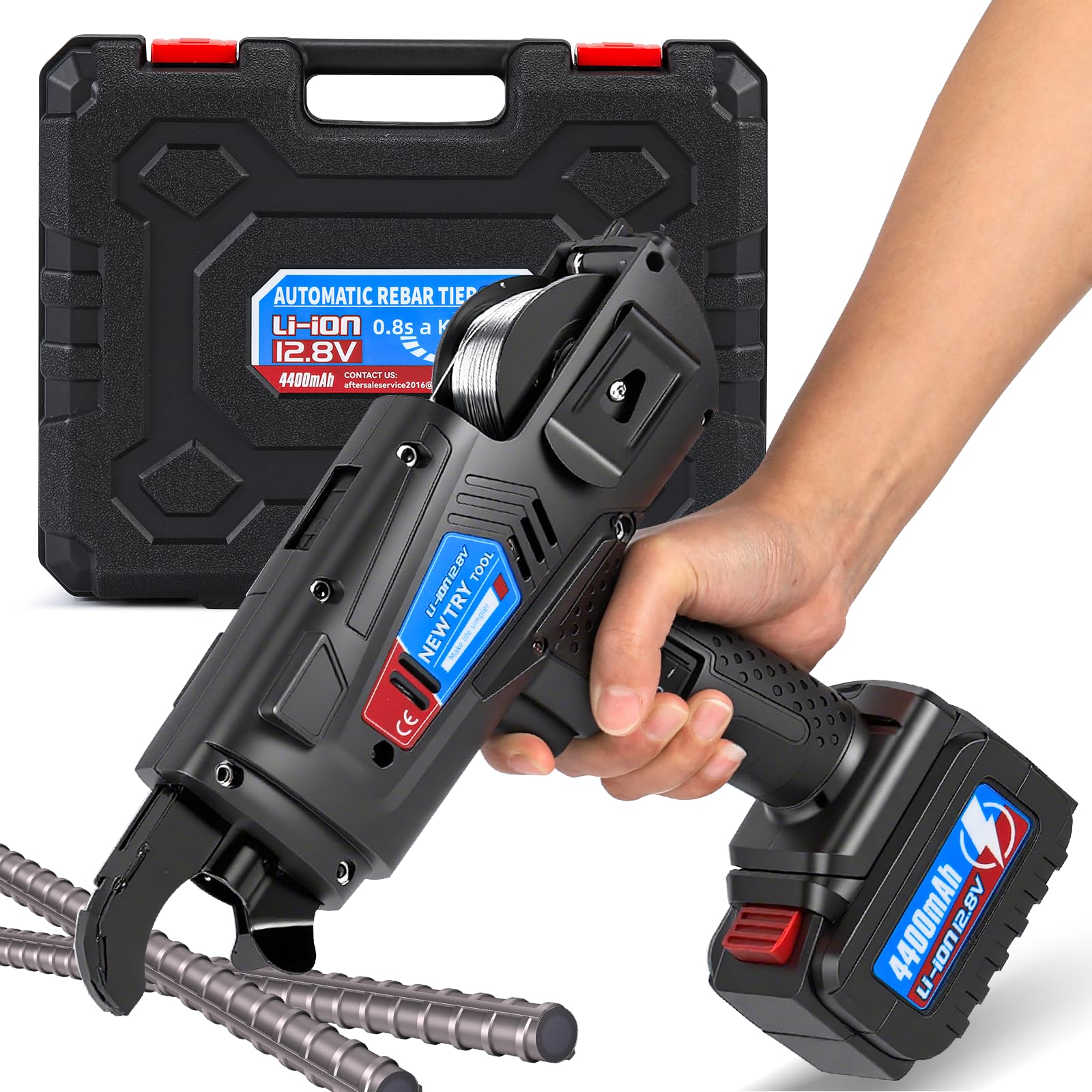 NEWTRY Rebar Tie Automatic Rebar Tier Gun 4400 MAh Steel Tying Machine 8-34mm Bar Tie Tool 0.31’’-1.33’’ Tightness Adjustable Rechargeable 12.8V