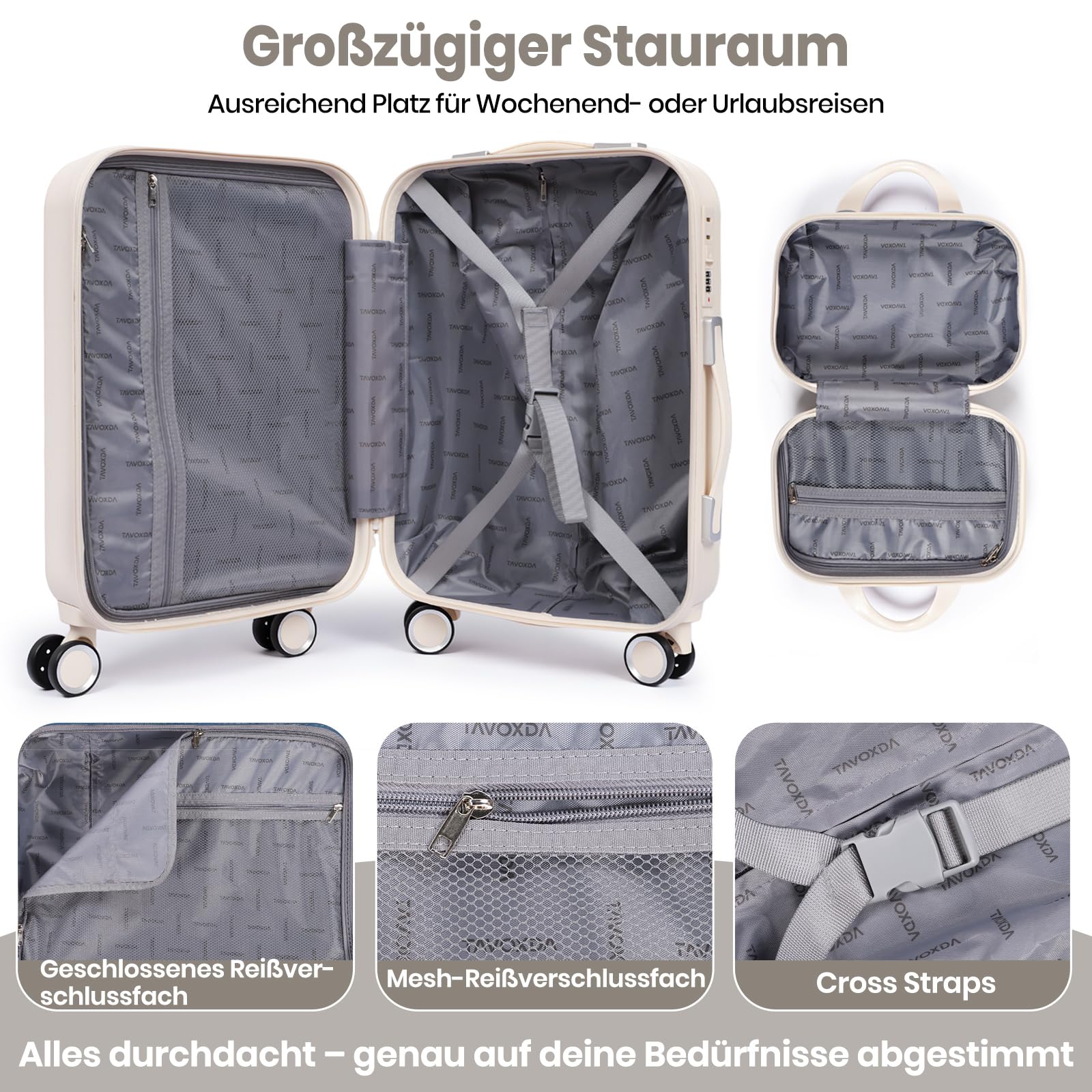 Zestawy walizek z kosmetyczką lekka walizka podróżna ABS + PC twarda skorupa z kołami obrotowymi, biały, 4 Piece Set, Nowoczesna twarda strona