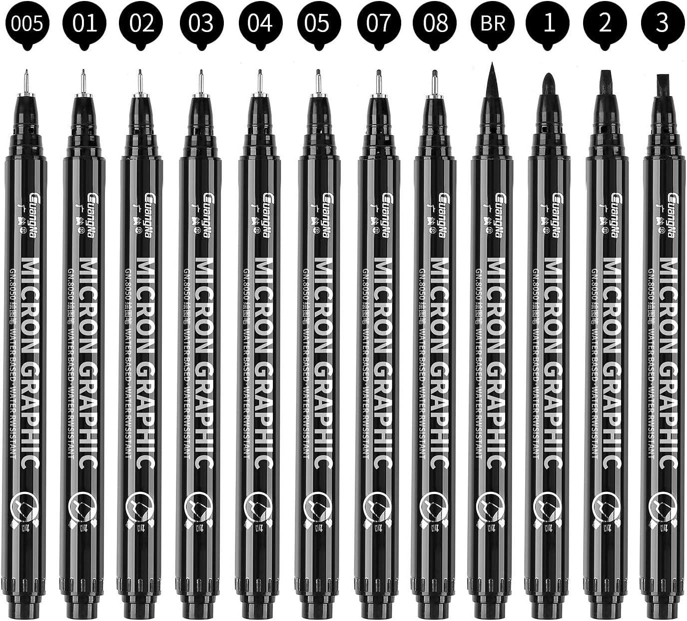 Guangna 12 Size Black Micro-Pen Fineliner Ink Pens, Waterproof Archival Ink Fine Point Micro Drawing Pens for Art Watercolor, Sketching, Multiliner, Anime