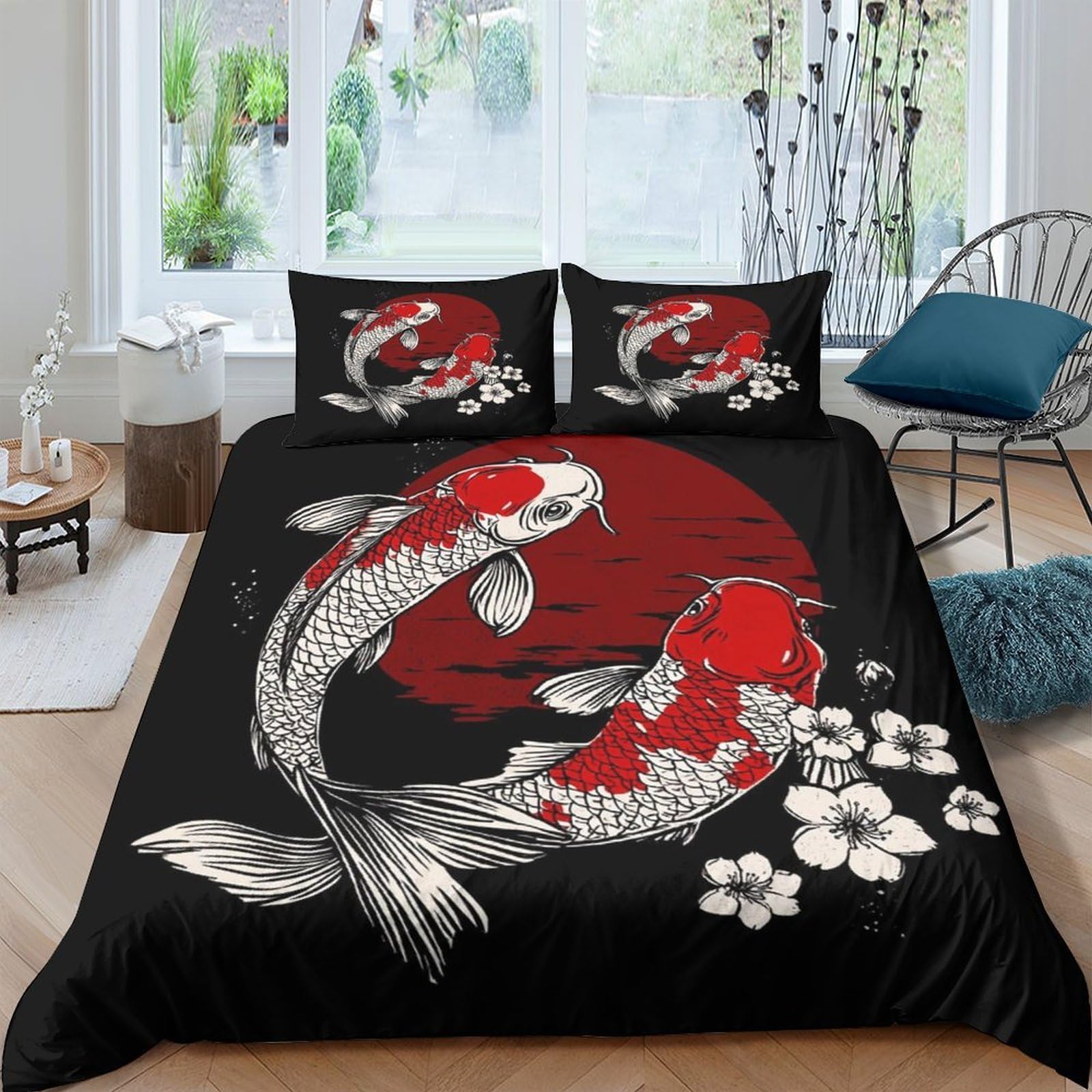 Ctjqhvkz Style-2 3D Printed Koi Fish Fitted Sheet Microfiber Soft Red Sun Sakura Mattress Cover For Bedroom Dorm Decor Single（135X200cm）
