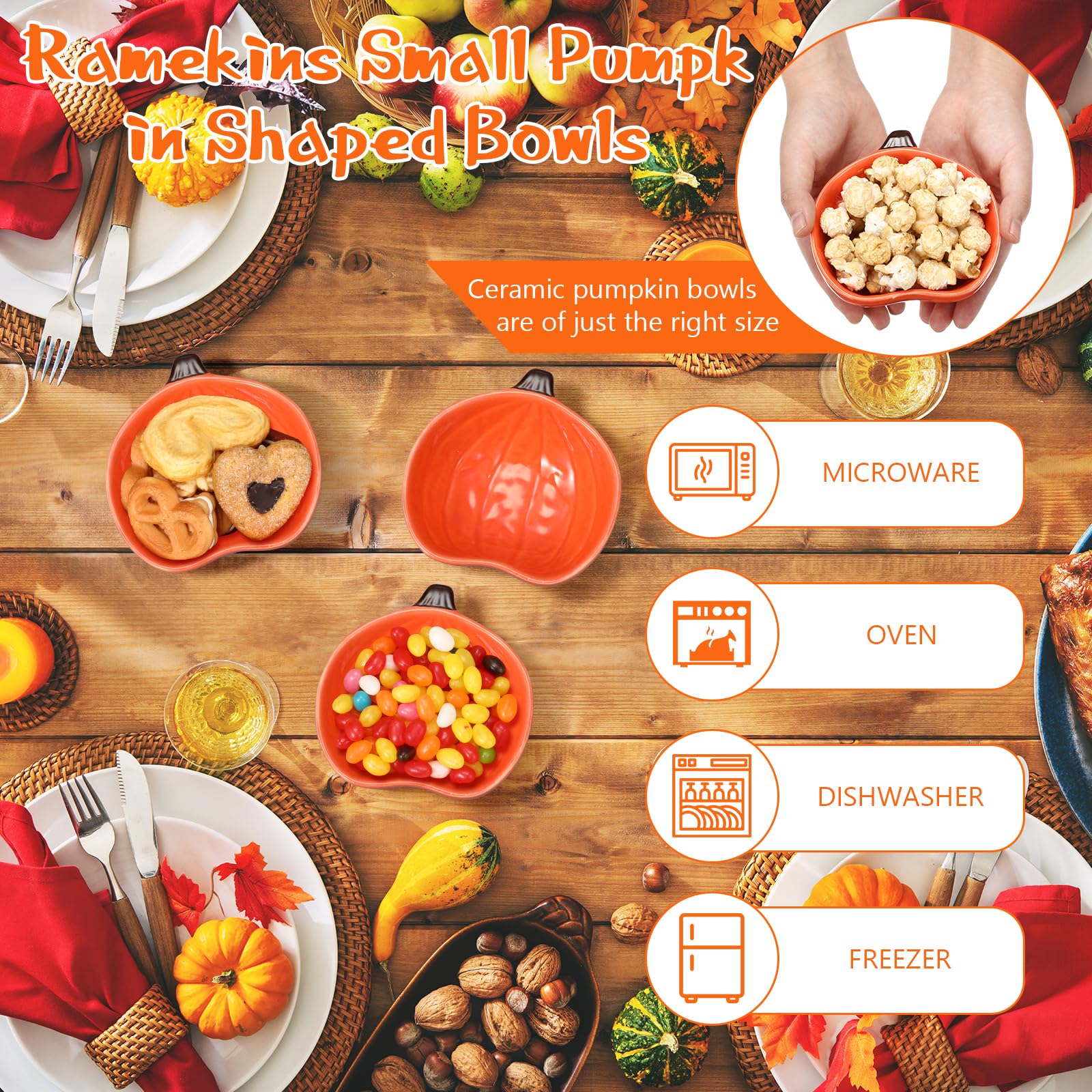 12 ramequines de otoño de 6 onzas, aptos para horno, ramequines de cerámica de calabaza, platos pequeños para crema, plato para hornear calabaza, platos de cuenco con forma de calabaza para cocina,