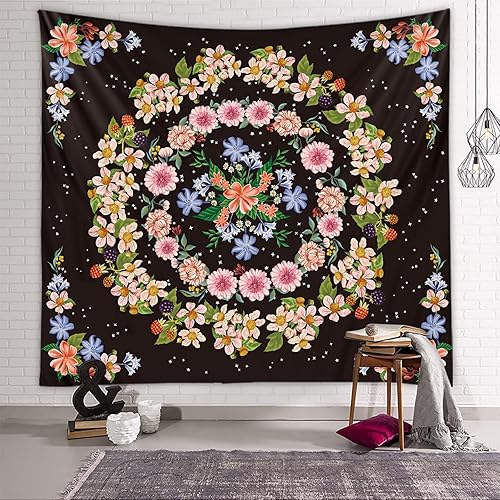 Miniatura 2 de Naykow Tapiz bohemio floral con mandala para techo, color negro, coqueta femenina, tapiz bohemio para dormitorio, tapiz estético para colgar en la