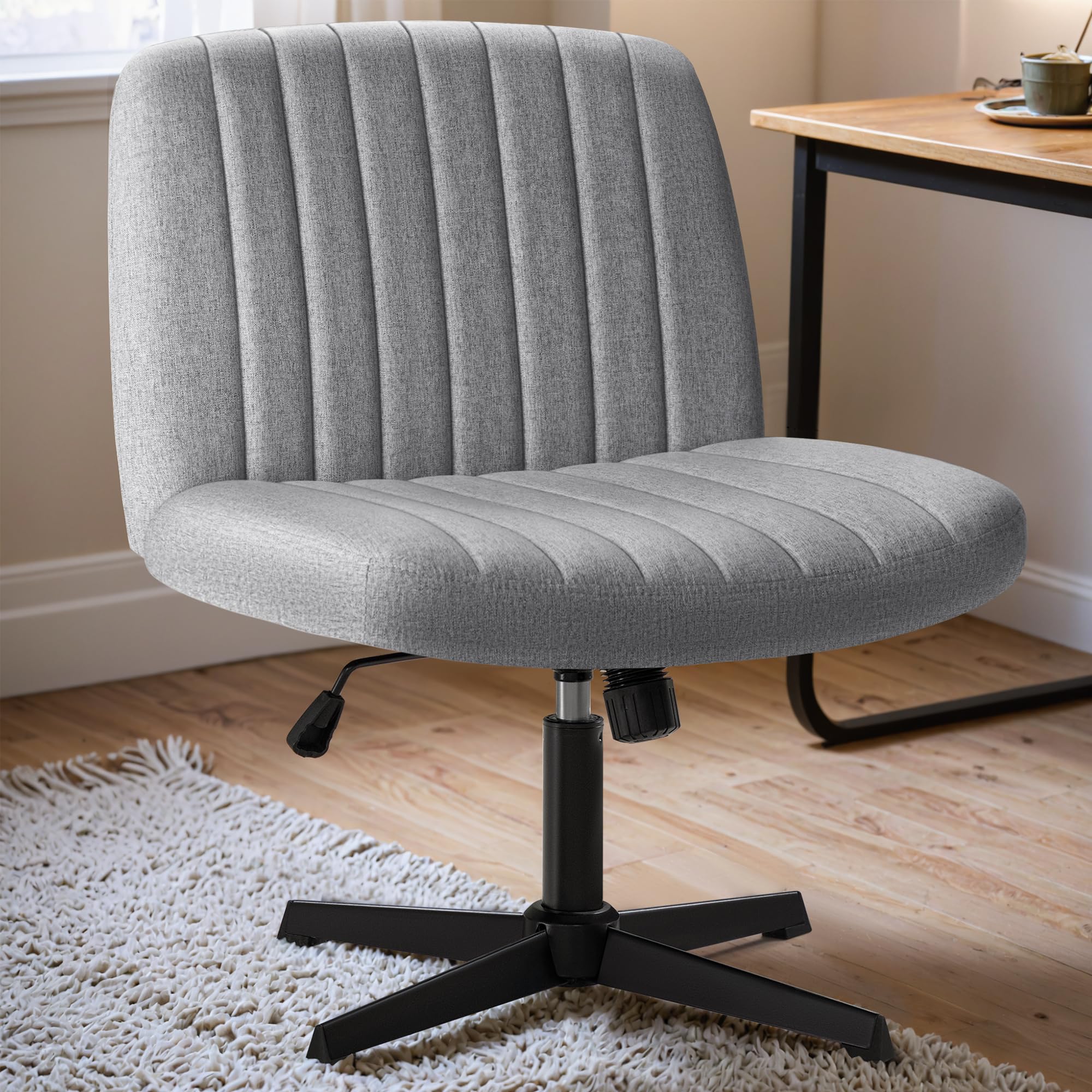 Shahoo Criss Cross Legged Office Desk Chair, Armless Swivel Wide Padded Height Adjustable Fabric, Light Grey