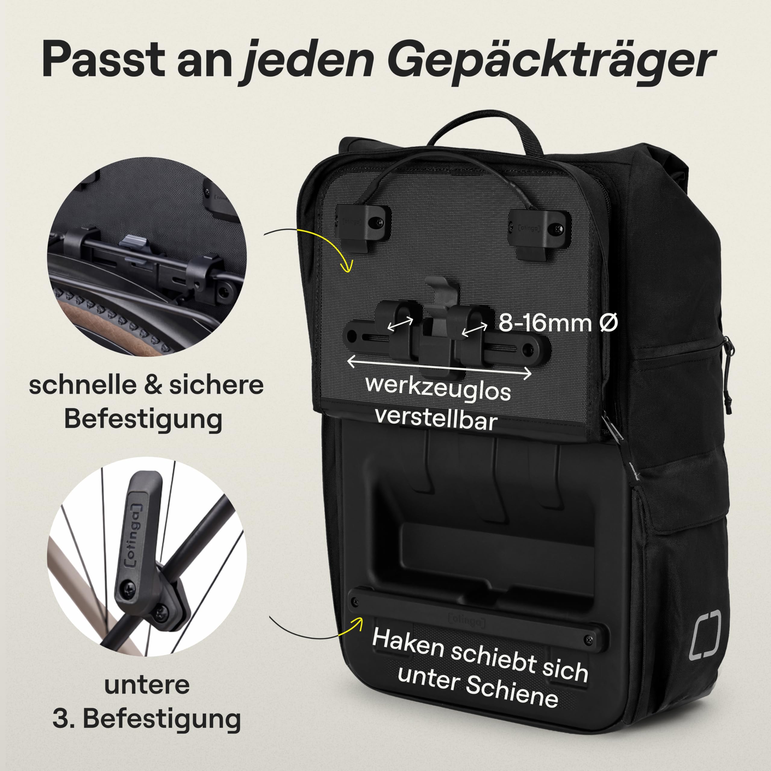 otinga® Flip V3 Fahrradtasche Rucksack [34L Volumen] für jeden Gepäckträger I Stylische Gepäckträgertasche mit Rucksack - in 3 Sekunden umgebaut I Wasserdichter Fahrradrucksack Gepäckträger