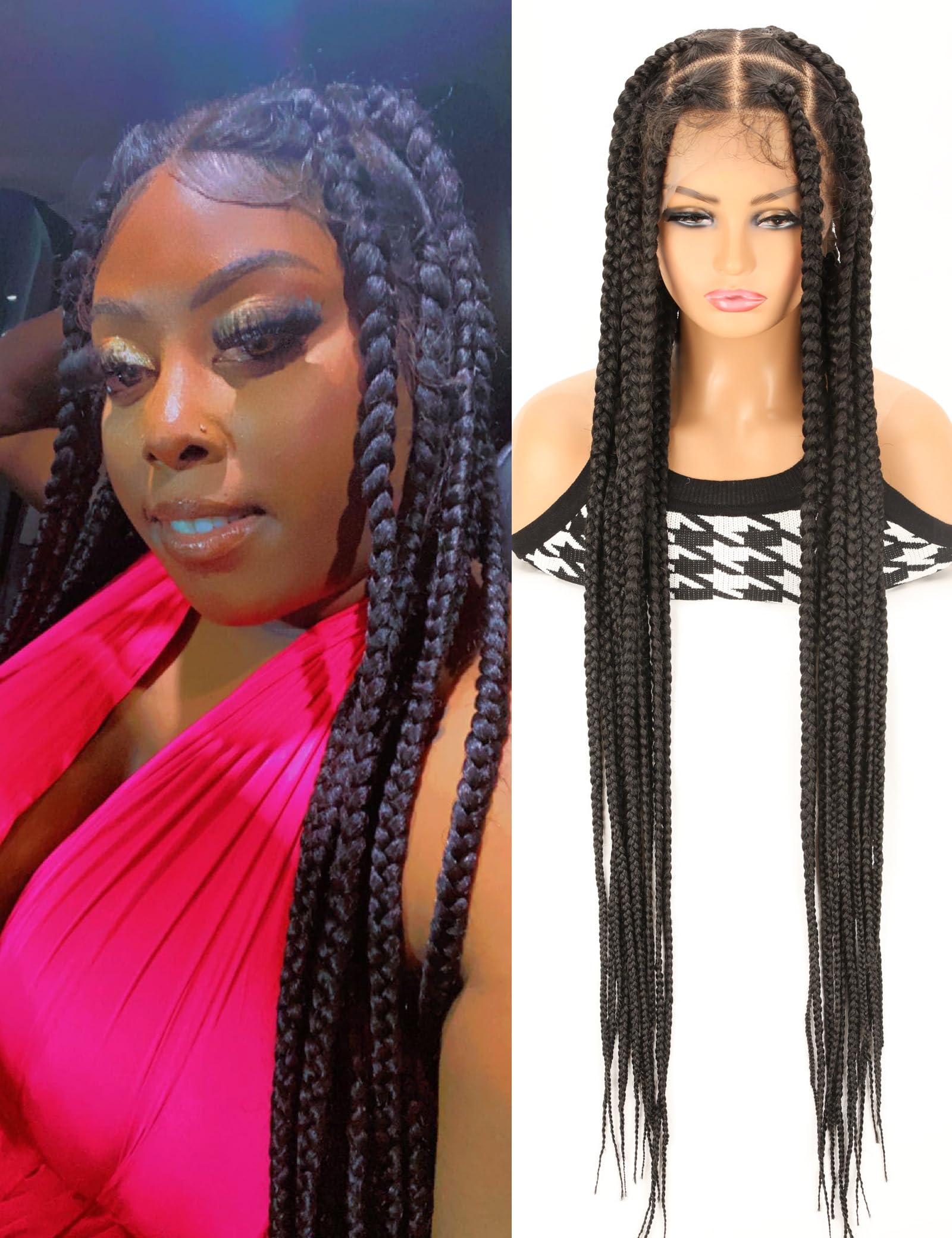 AVELLABEE 36" Boho Braided Wig for Black Women - Full Lace Box Braids, Faux Locs & Dreadlocs Lace Front Wigs, Synthetic Braiding Hair Wig (Big Box