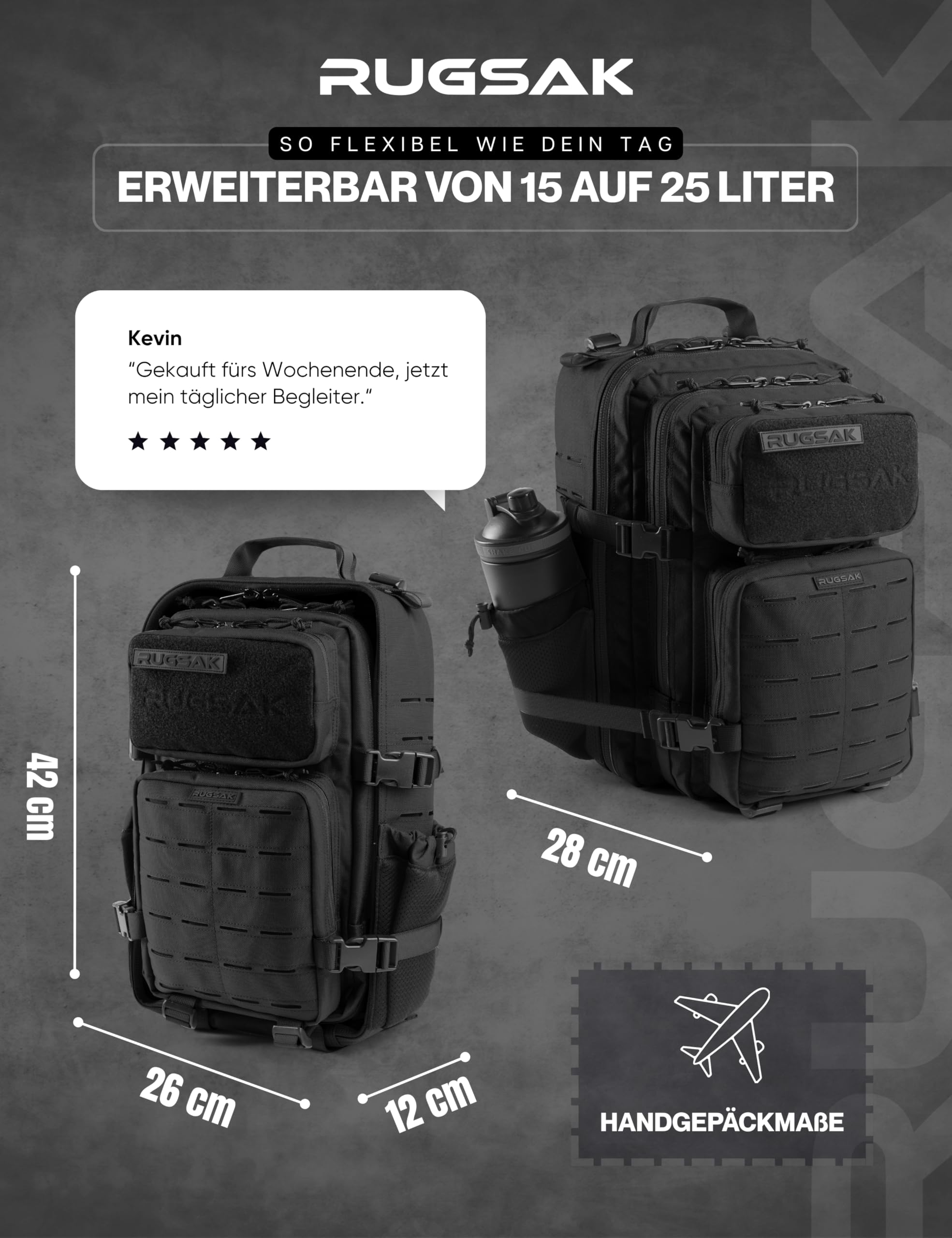 RUGSAK Alpha Mochila táctica [15-25L] impermeable y extremadamente resistente | Mochila militar de supervivencia | para trabajo al aire libre, senderismo, camping y gimnasio, mochila de viaje Molle