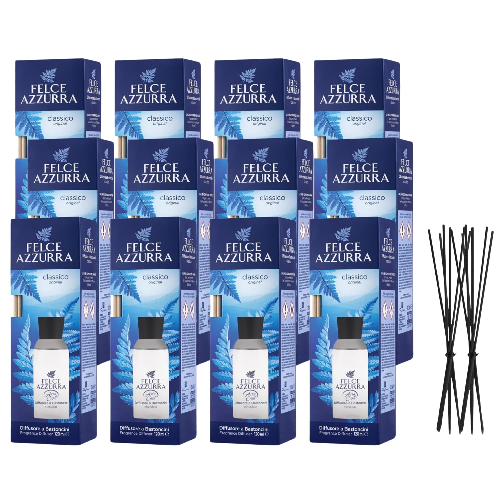 Felce Azzurra Diffusore Ambiente a Bastoncini, Fragranza Classico Original, Formato 120 ml (12 Unità) + Ricambio 10 Bastoncini Per Diffusori Neri