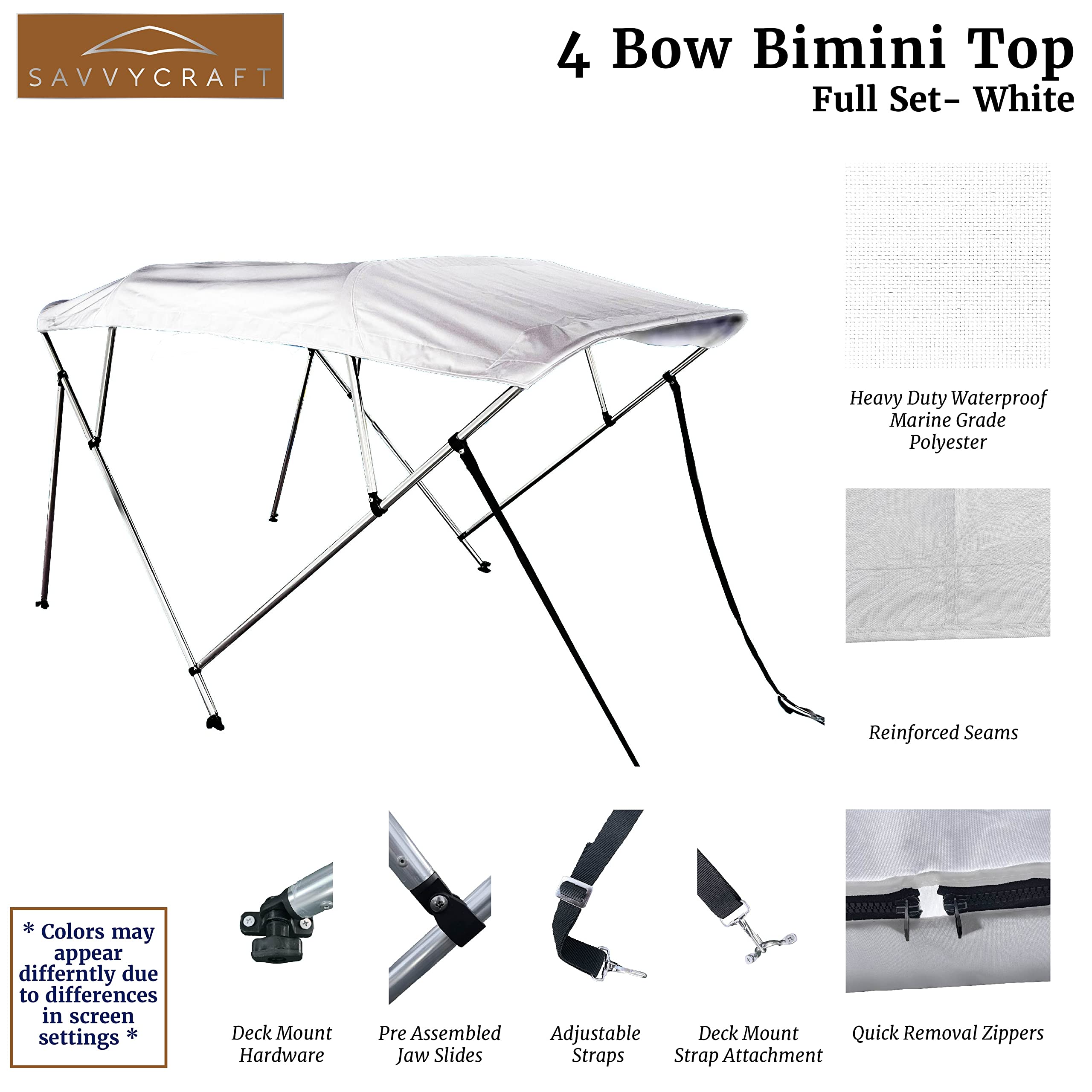 SavvyCraft 4 Bow Bimini Top Boat Cover White 4 Bow 96