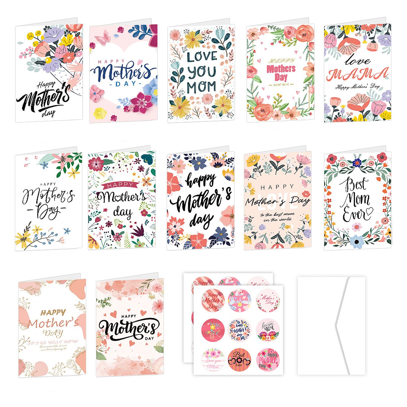 12pcs Happy Mothers Day Blank Cards & Envelopes Stickers Kit