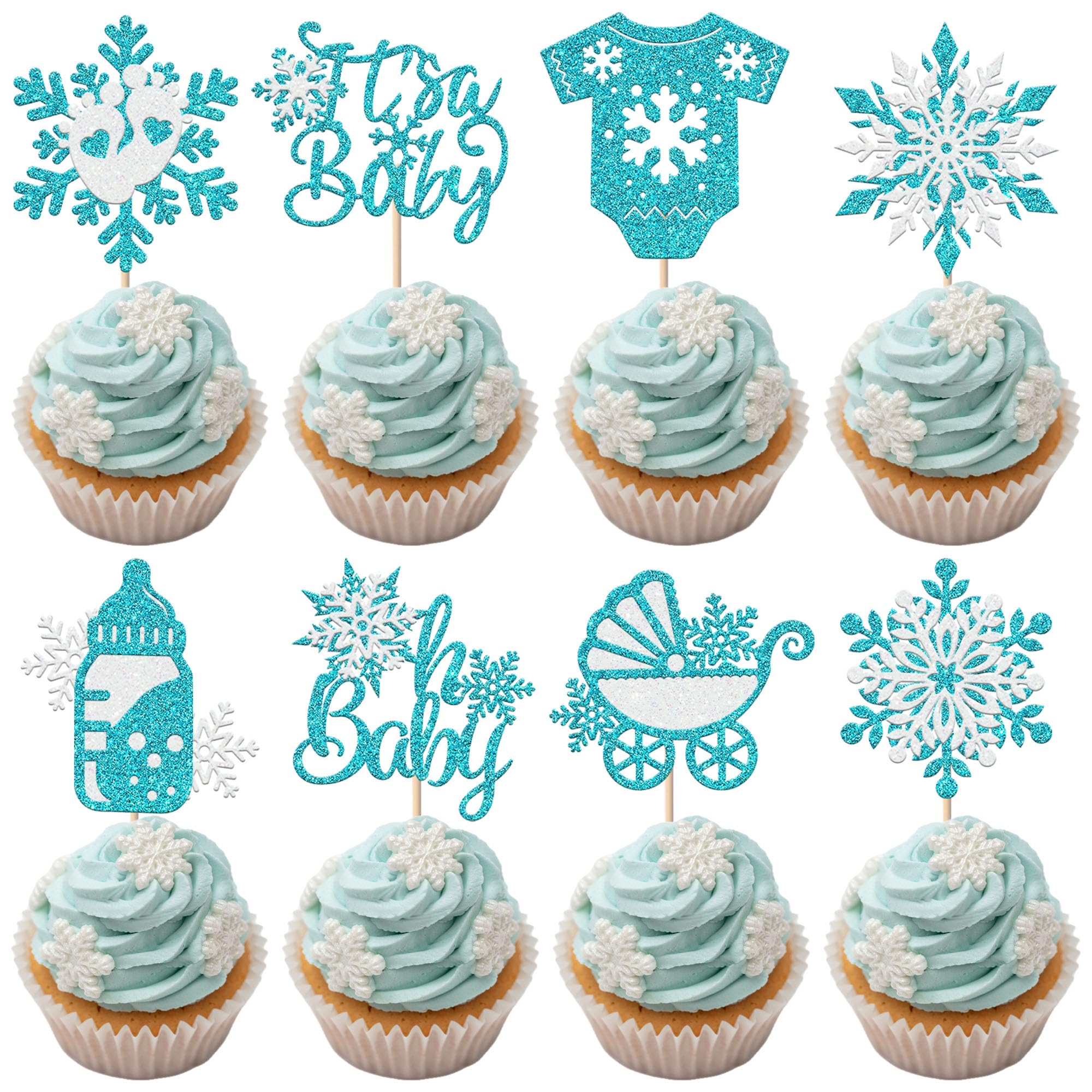 24 Stück It's a Baby Schneeflocke Tortendeko Oh Baby Schneeflocken Cupcake Toppers Winter Eis Schnee Themed Kuchen Deko für Jungen Geburtstag Party Kuchen Dekorationen Blau