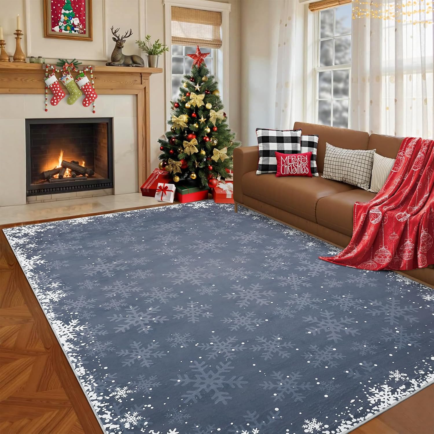 8x10 Living Room Area Rug Christmas Large Bedroom Rugs Non Slip Washable Xmas Decoration Dining Room Throw Carpet Soft Low Pile Snowflakes Rugs for Holiday Festival Boho Rug for Nursery Kitchen, Grey 8' x 10' (Rectangular) Xmas Snow Grey