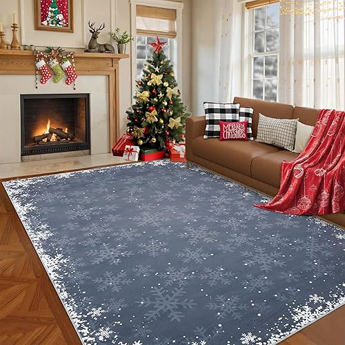 Miniatura 22 de Alfombra de área de Navidad de 5 x 7 pies para dormitorio, sala de estar, antideslizante, copos de nieve de Navidad, alfombra grande para interiores