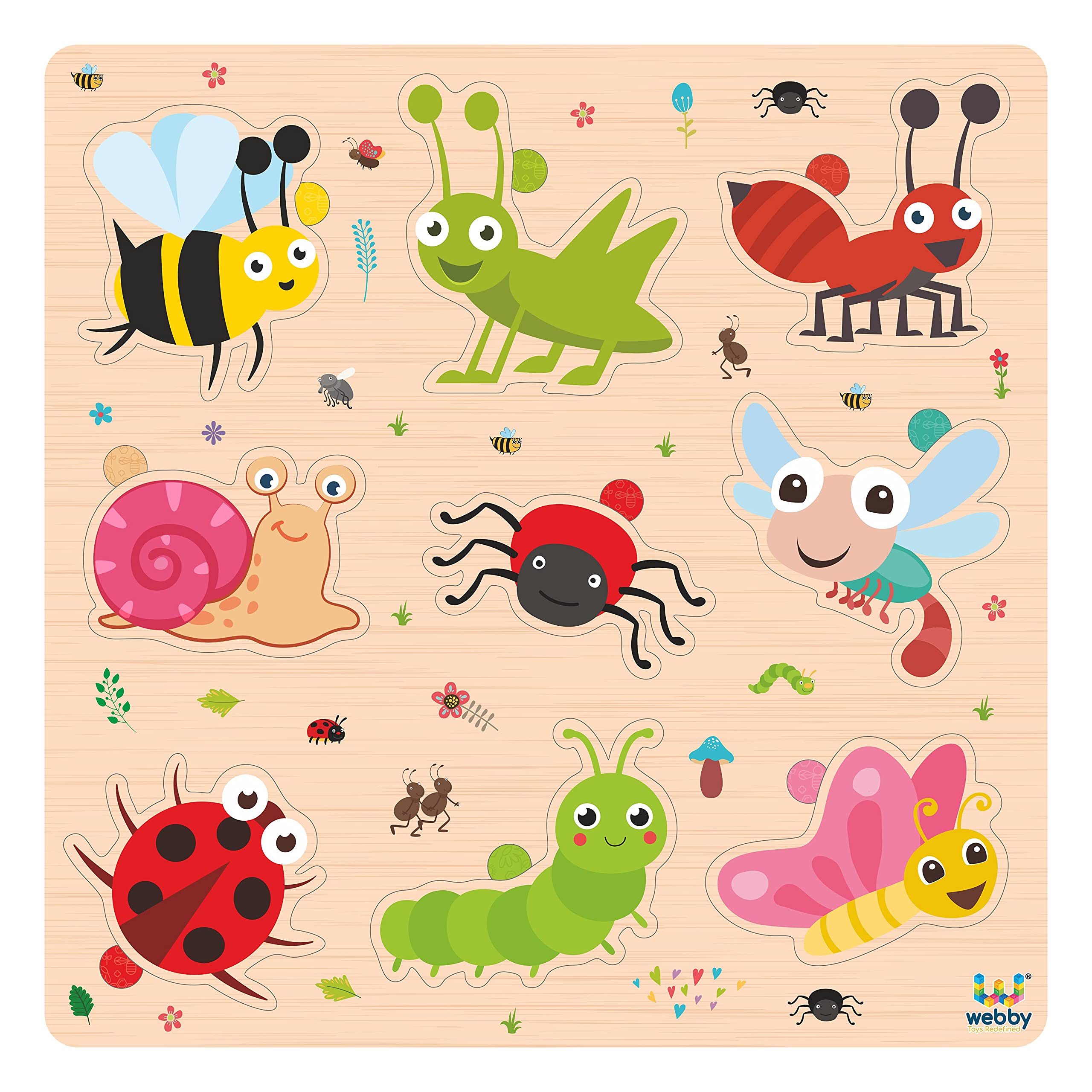 WebbyWooden Insects Montessori Educational Pre-School Bright Colors Puzzle Board Toy for Boys and Girls Light Weight and No Sharp Edges