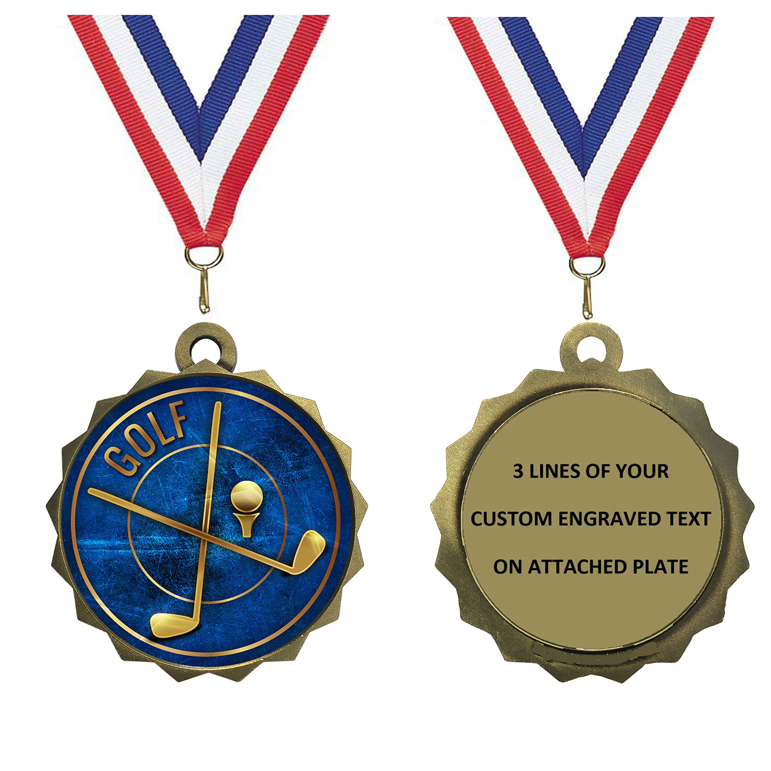 Express Medals Custom Golf Gold Medal Trophy Award with Neck Ribbon & Attached Engraved Plate on Back LAZD214-EG30 1PK