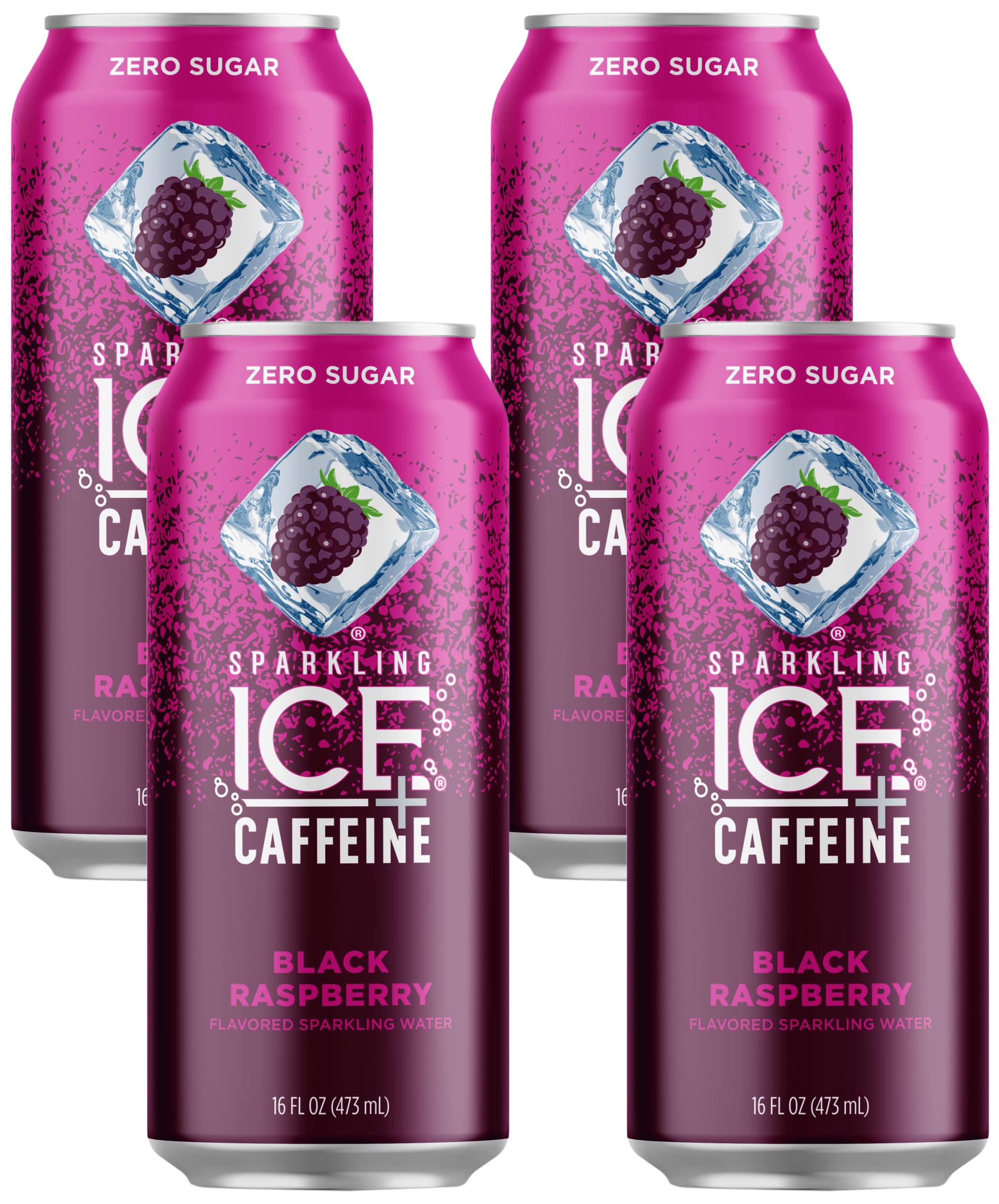 Sparkling Ice +Caffeine, Black Raspberry Flavored Sparkling Water with Caffeine, Zero Sugar, with Vitamins and Antioxidants, Low Calorie Beverage, 16 fl oz Can (Pack of 4)