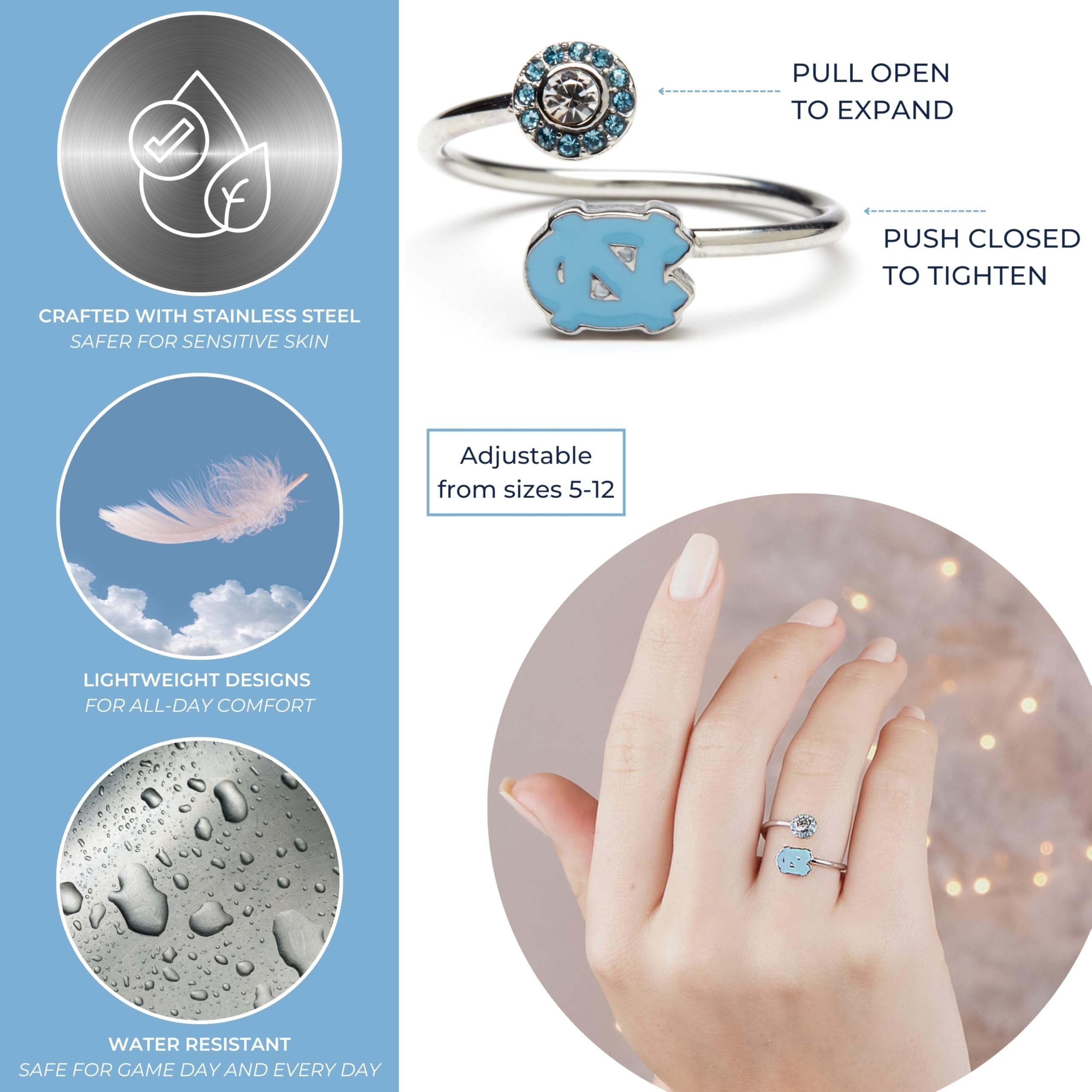 Stone Armory University of North Carolina Gifts for Women - UNC Tarheels Ring with Crystals - Hypoallergenic and Adjustable Sizes 5-12 - UNC Tar Heels Gifts