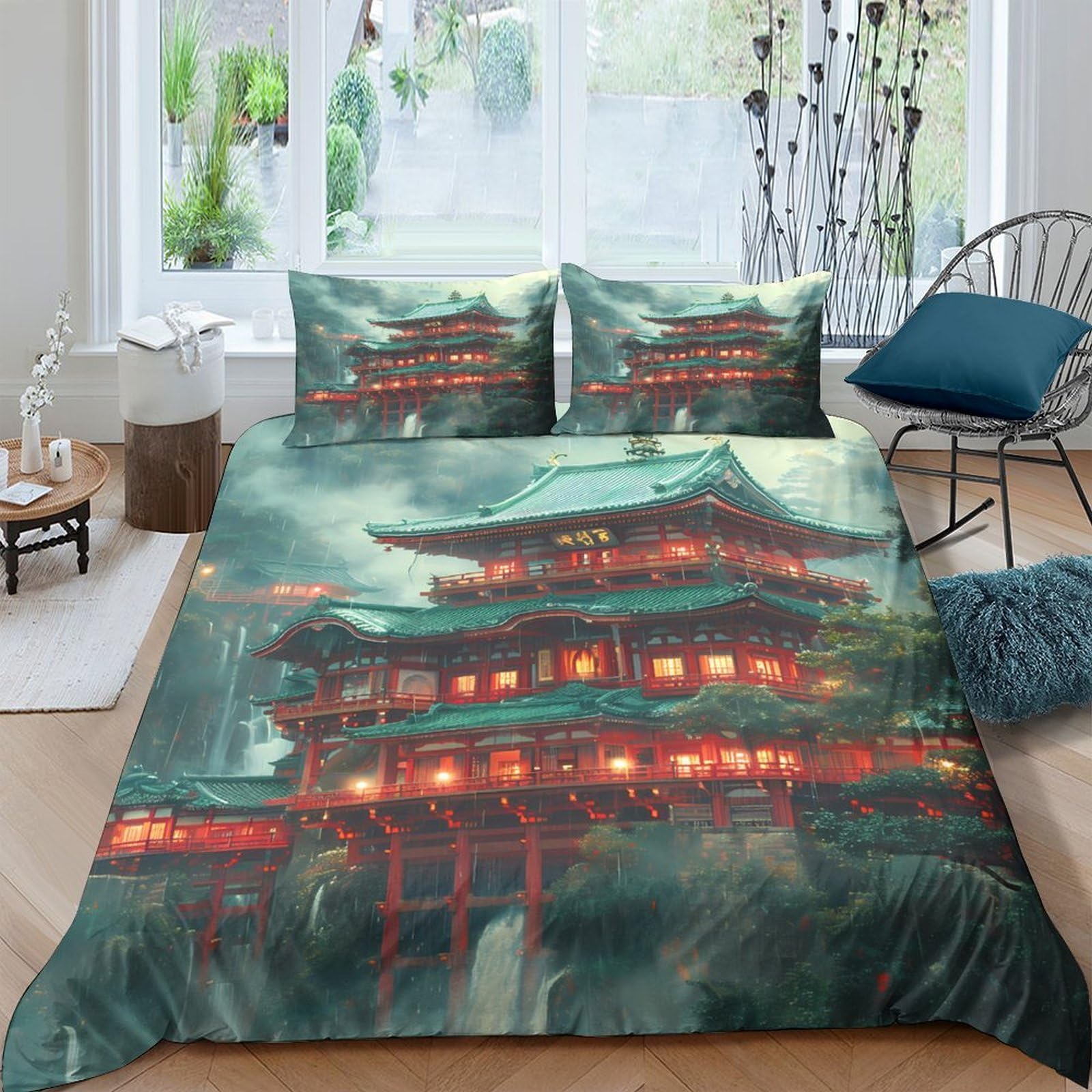 Ctjqhvkz Style-3 3D Printed Japanese Pagoda Fitted Sheet Microfiber Washable Red Lanterns Bed Cover Non-Slip Bedroom Decor Single（135X200cm）