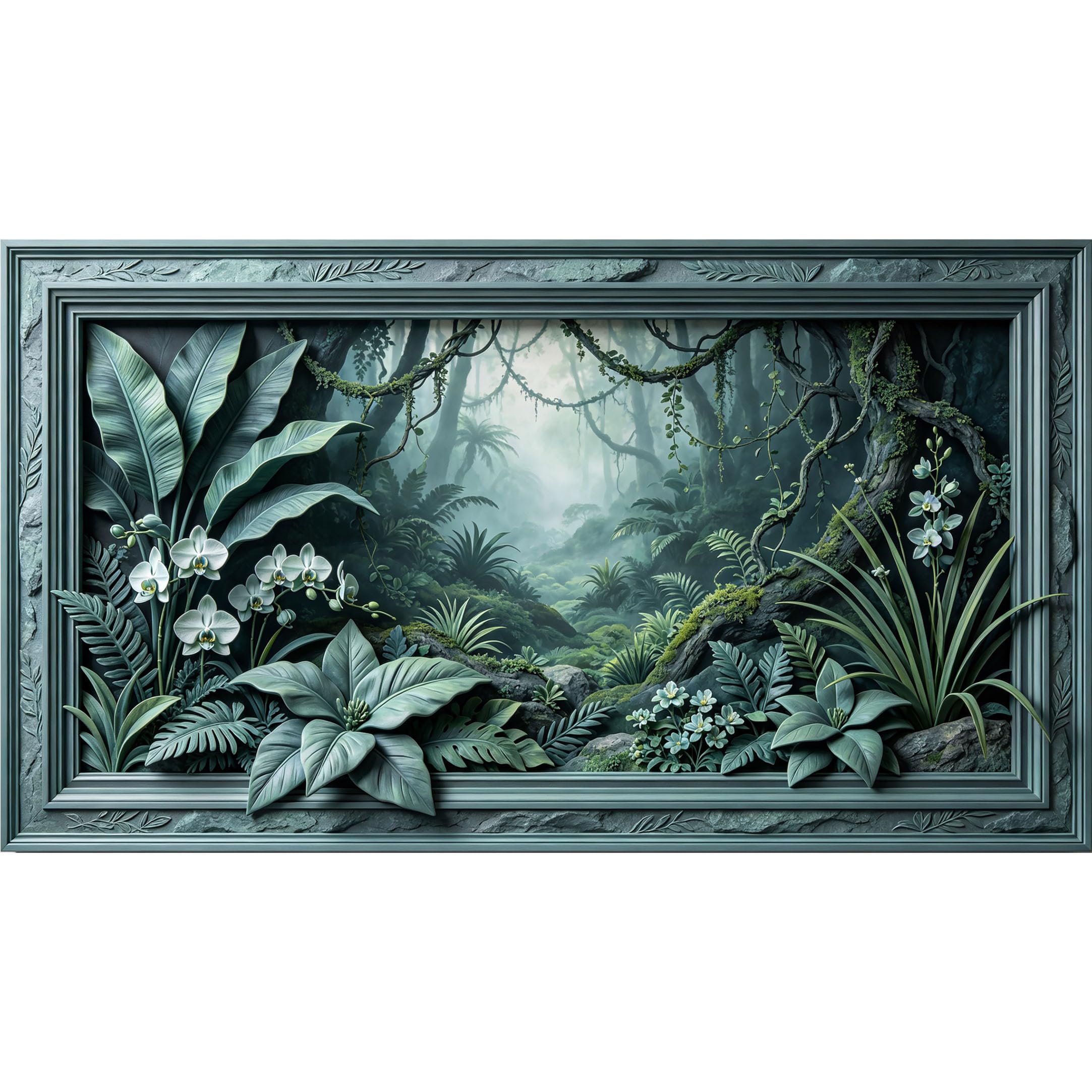 QZLITHOTIC 50×90cm3D Framed Wall Art， Tropical Jungle Orchid Botanical Plant Self?Adhesive Mural， Water?Activated Peel & Stick Fabric Decor Wall Decal for Bedroom Living Room