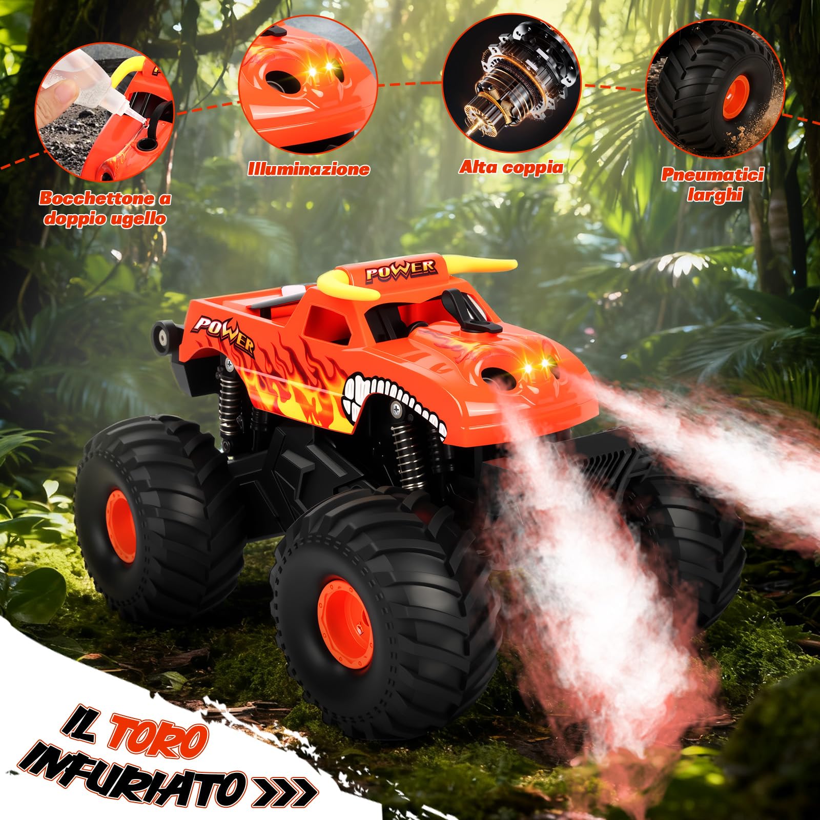 Charmofun Monster Truck Telecomandato, 2.4GHz Anfibio Macchina Telecomandata con Luce LED, Auto Telecomandata 1:16, 4WD RC Auto con Spruzzatore per bambini sopra gli 8 anni （RED)