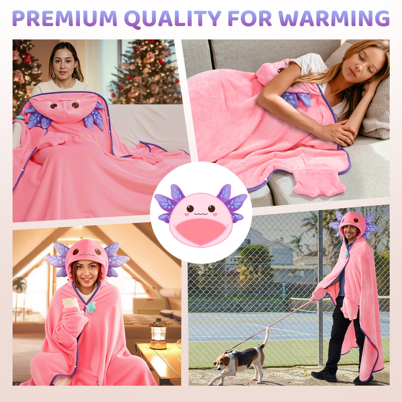 Mewaii Oversized Wearable Blanket Hoodie- Kawaii Axolotl Hooded Cloak,Soft Plush Flannel Blanket Hoodie,Unisex Cozy Blanket for Kids Women Men,Great Gift for Christmas&Birthdays (51.2"x62.2") - Image 2