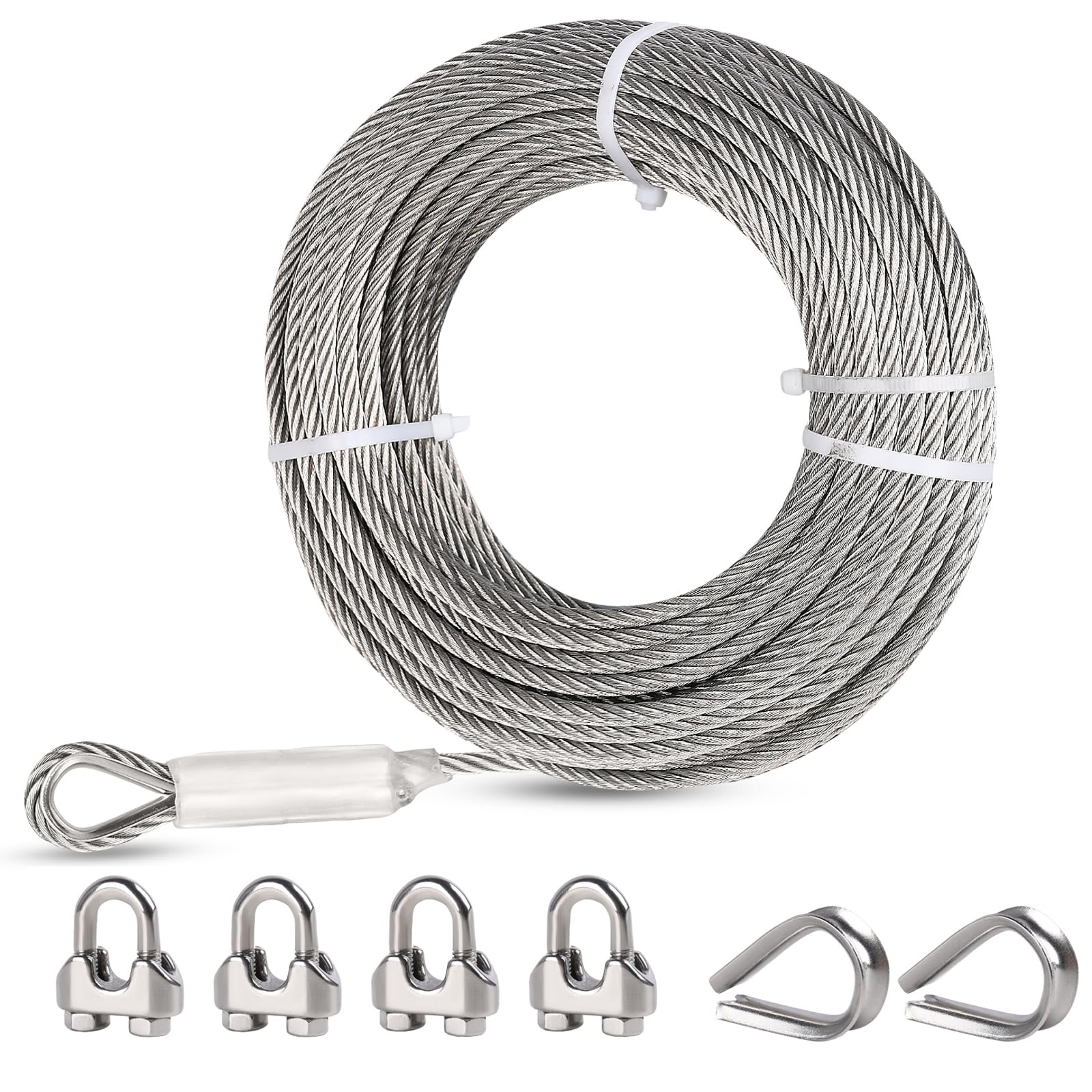 hannger 5/16 Stainless Steel Cable, 125ft Wire Rope, 7x19 Strand Steel Cable with Loops, Wire Rope Clamps & Thimble, 9000 lbs Break Strength, Aircraft Cable for Zip line, Boat Lifts, Deck Railing