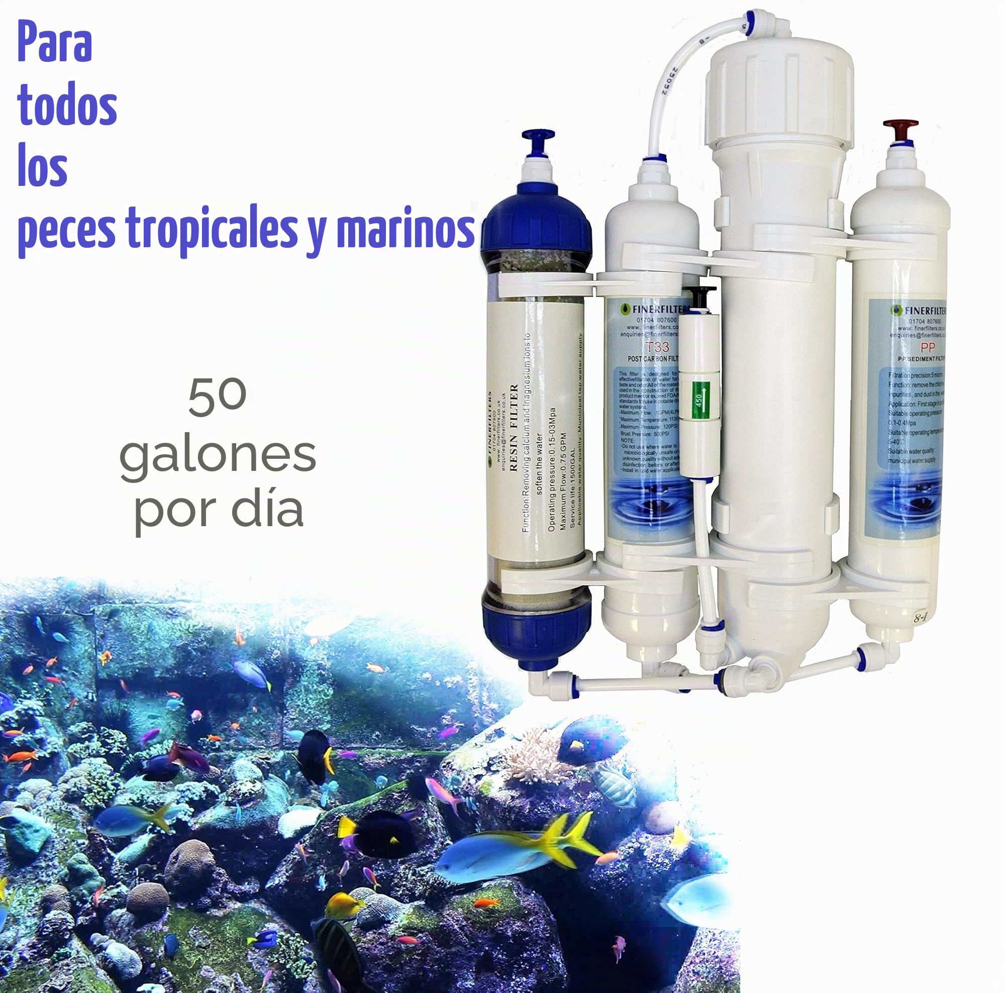 Finerfilters Filtro de ósmosis inversa compacto de 4 etapas con resina DI/tropical/marina/discus 50/75/100/GPD