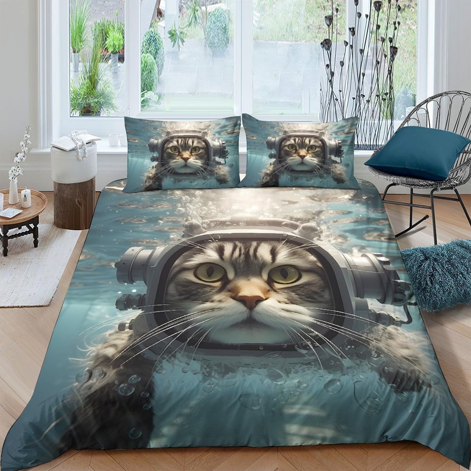 Ctjqhvkz Style-3 3D Printed Cat Astronaut Fitted Sheet Microfiber Soft Breathable Underwater Space Mattress Cover For Bedroom Dorm Decor Single（135X200cm）
