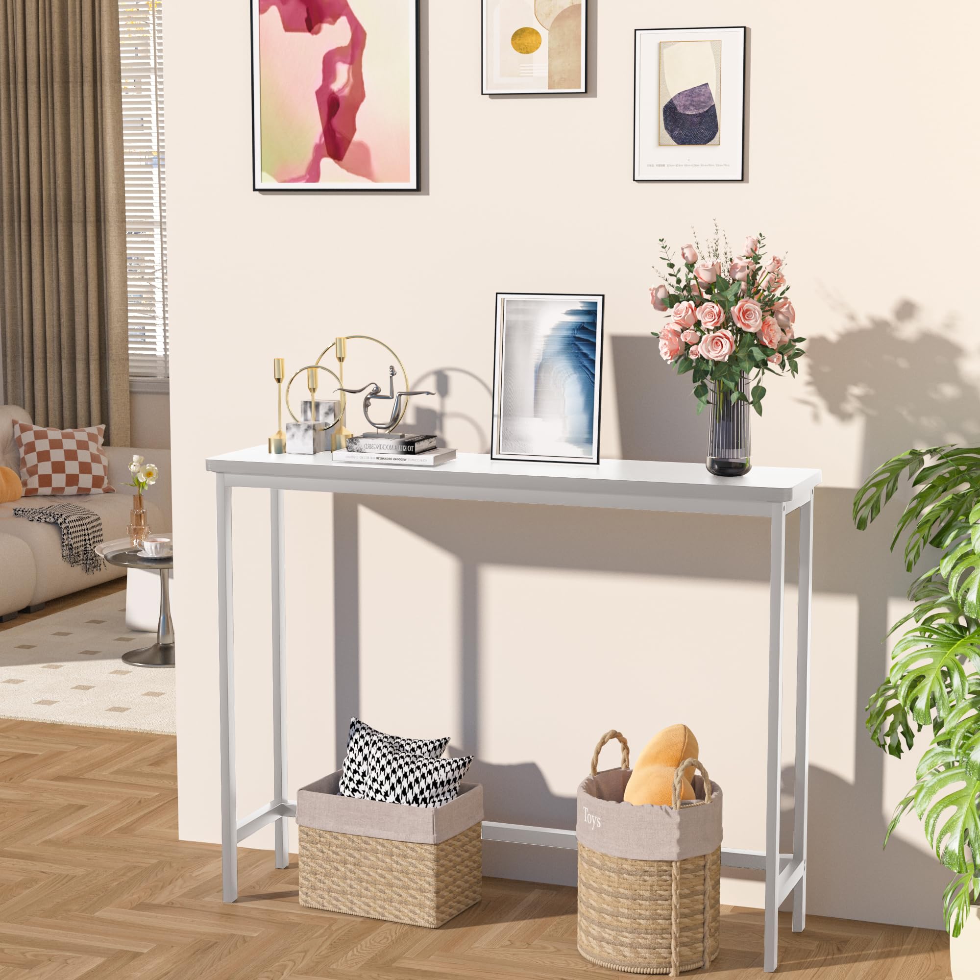 VASMIA Konsolentisch Schmal, 100 cm Bambus Beistelltisch, Flurtisch, Kleiner Ausstellungstisch, Sofatisch für kleinen Raum, für Eingang, Flur, Foyer, Wohnzimmer, weiß
