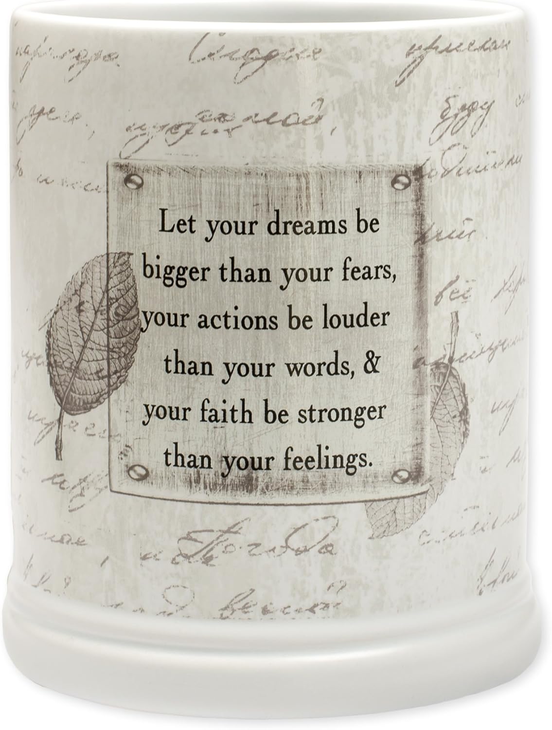 Elanze Designs Dream Bigger Actions Louder Faith Stronger Grey Leaves White Ceramic Stone Jar Warmer
