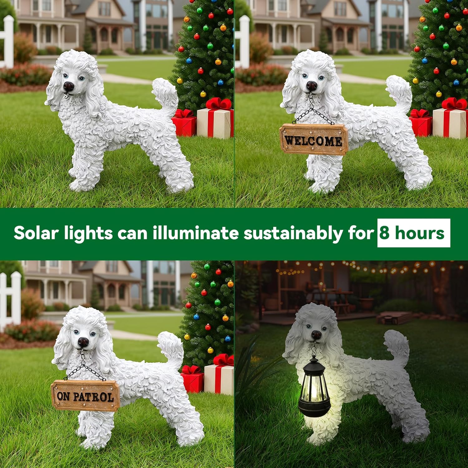Poodle Statue Outdoor Decorations – Dog Statues Outdoor Standing White Poodle with Removable Solar Light & Welcome Sign for Lawn Décor