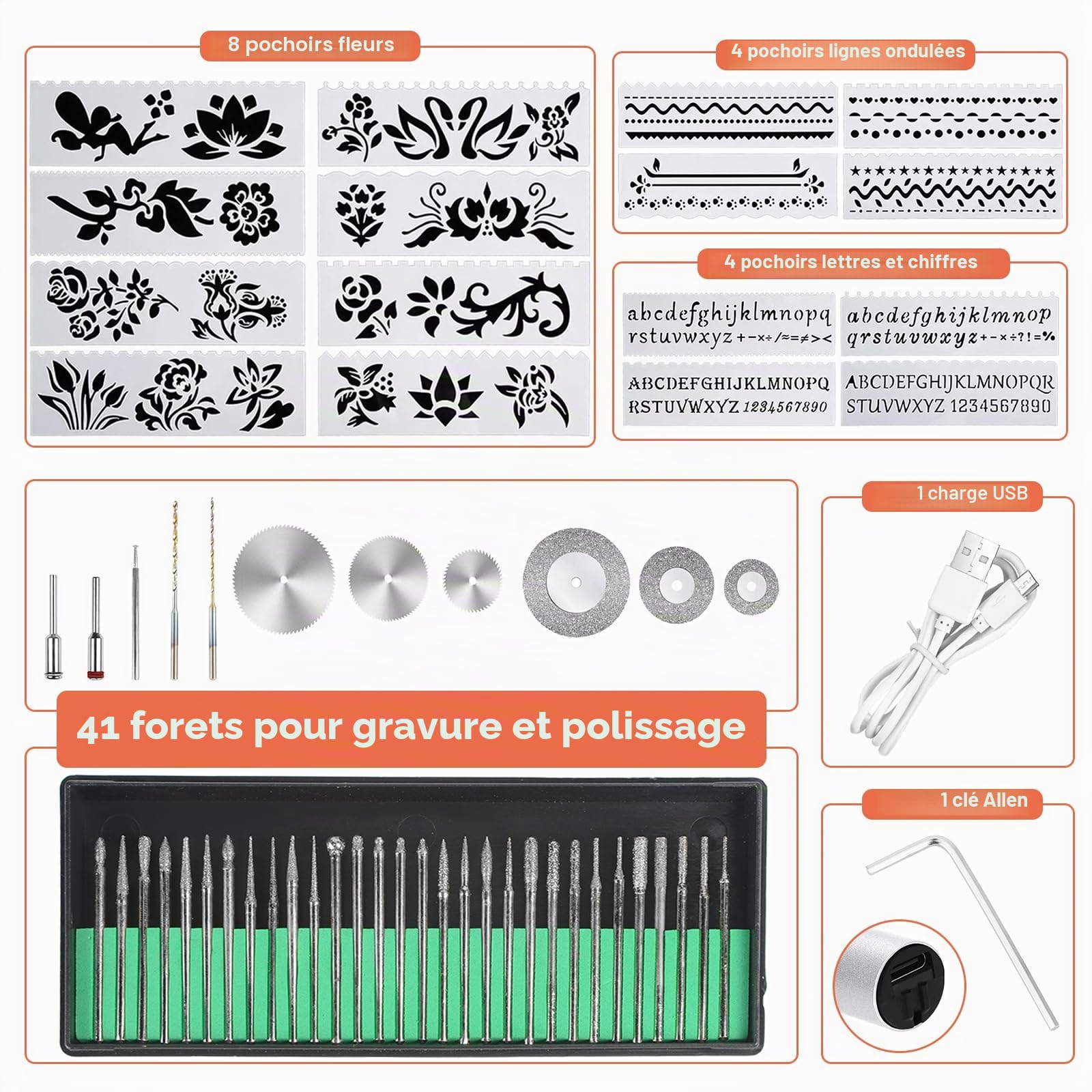 Kit de 60 pièces d'outils de gravure électrique, stylo de gravure rechargeable sans fil USB mini graveur DIY, outil rotatif pour art DIY, gravure sur verre, bois, métal, pierre, plastique, ongles