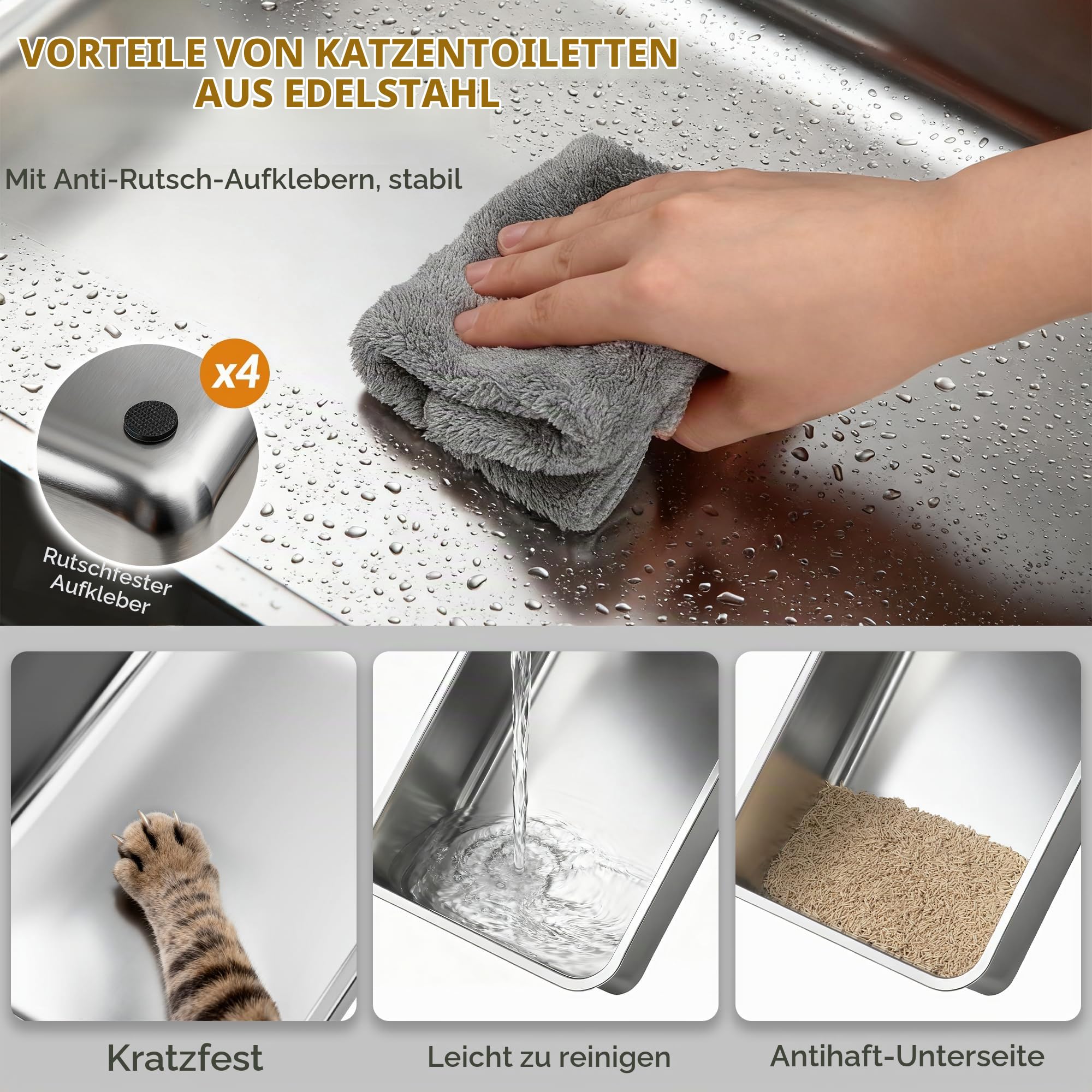 Katzenklo Edelstahl mit Schublade XXL, 65x44x40 cm, Dunkelgrau | Geschlossene Metall Katzentoilette mit Deckel, mit Pedal und Schaufel, Leicht zu Reinigen, Zwei Eingänge FPLB201SG2