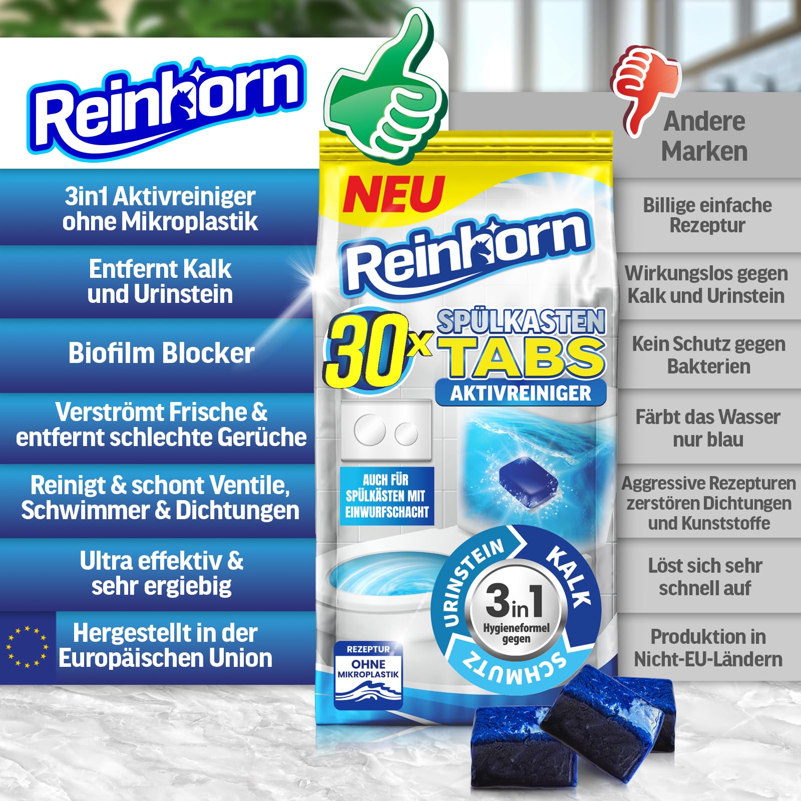 REINHORN Spülkasten Tabs 3in1 Wasserkastenwürfel mit Aktivreiniger, Wasserkasten Entkalker, Urinsteinentferner, Biofilm Blocker und Schmutzlöser - auch für Spülkästen mit Einwurfschacht (30 Stück)