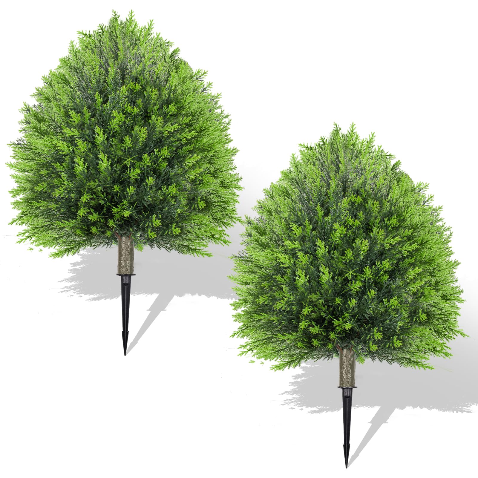Hecaty 25.6" Artificial Cedar Topiary Ball Plants: Set of 2 Faux Cypress Bushes with Spike – UV Resistant & Fade Resistant Artificial Shrubs,