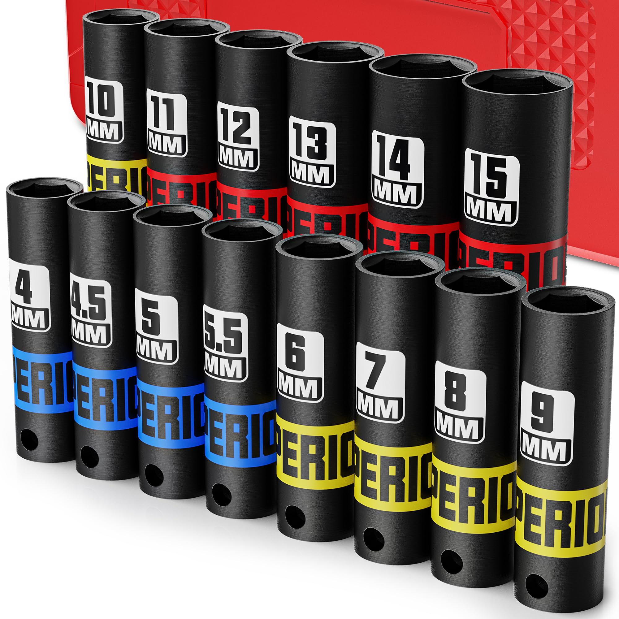 KIRXST 1/4 Inch Drive Impact Socket Set, 14 Piece Deep Sockets 4-15 mm, Metric Socket Set for Bicycle Bike Motorcycle Repair DIY Mechanic Tool