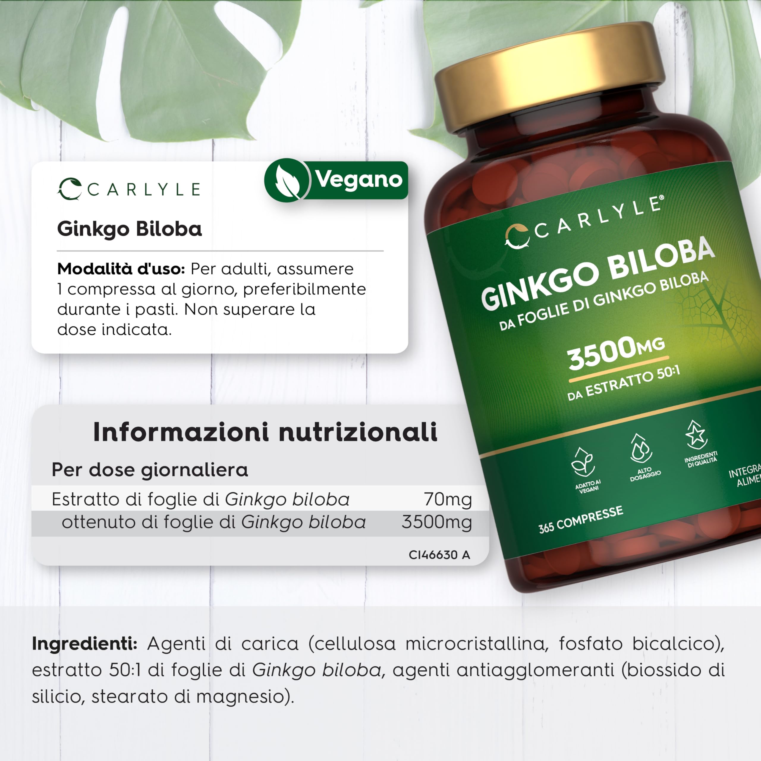 Ginkgo Biloba 3500mg | 365 Compresse | Capsule di estratto di Ginkgo | Fornitura per 1 anno | Alto Dossagio | Carlyle