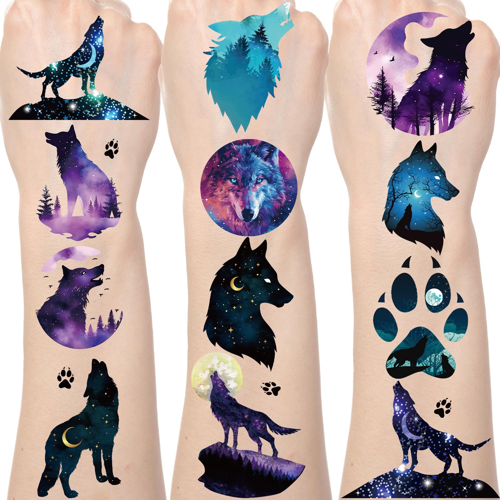 Gameza Wolf Temporary Tattoos Stickers - 85PCS Wolf Party Decorations Favors Supplies Cool Stars Sky Moon Animals Tattoo Temporary Gifts for Boys