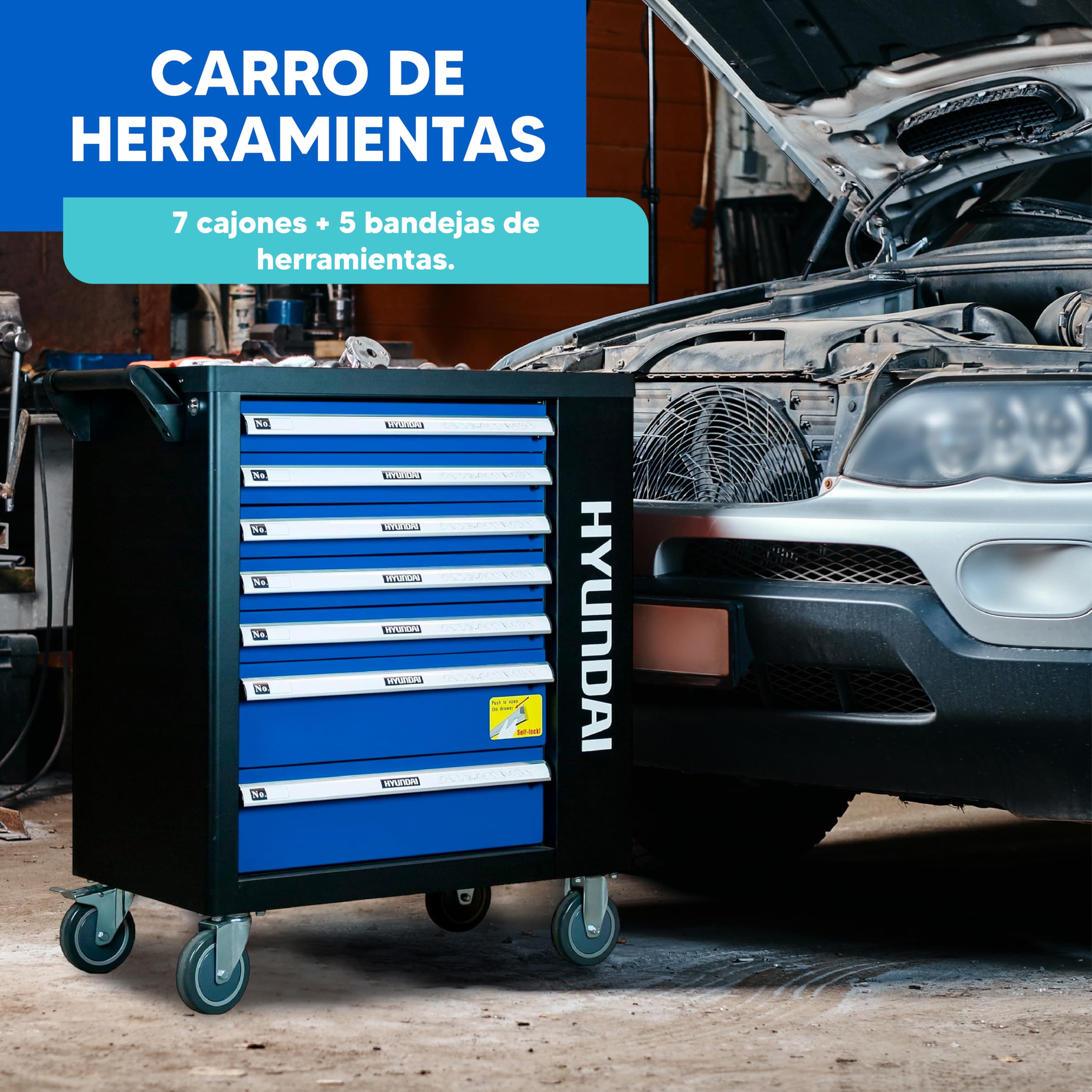 HYUNDAI Carro de Herramientas con 297 Piezas para Taller Profesional - Carro de Herramientas con 7 Cajones y Cierre con Llave - Organizador para Herramientas con Llave de Carraca y Chasis de Acero