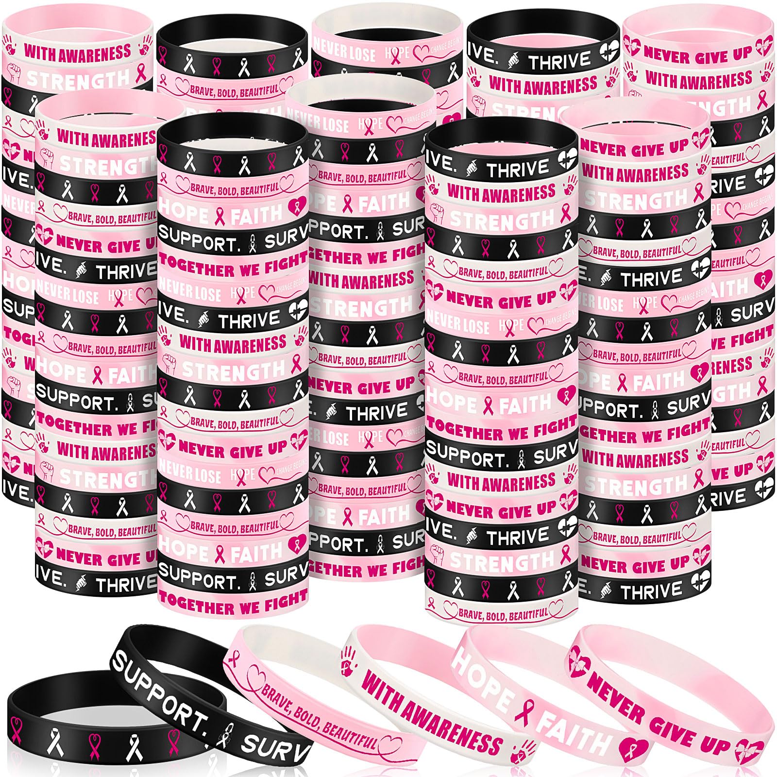 Landical 500 Pcs Pink Ribbon Breast Cancer Awareness Bracelets Bulk