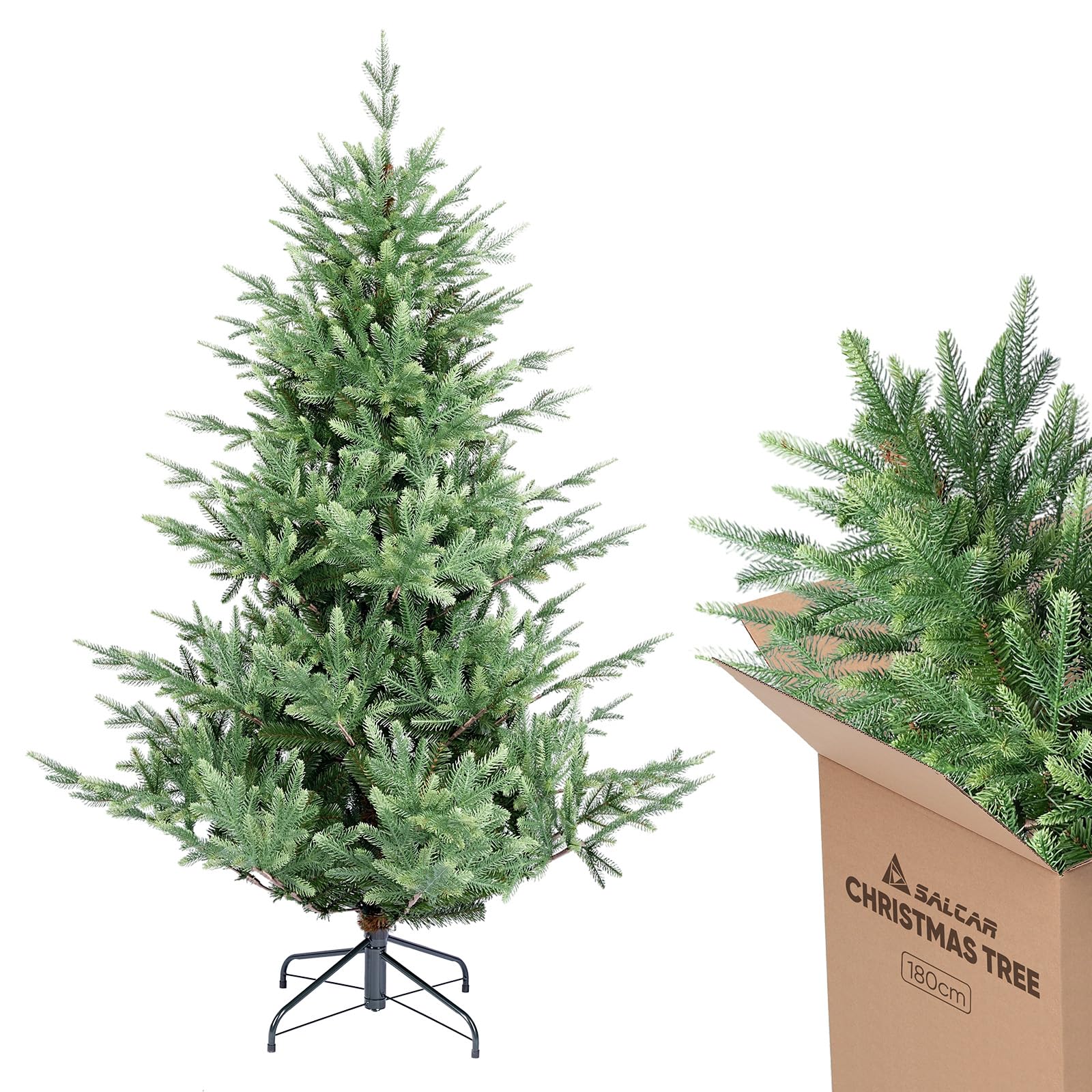 SALCAR Sapin de Noël Artificiel de qualité supérieure - 180 cm - 90% polyéthylène moulé par Injection - Réaliste - avec Gants et Support en métal (diamètre 125 cm)