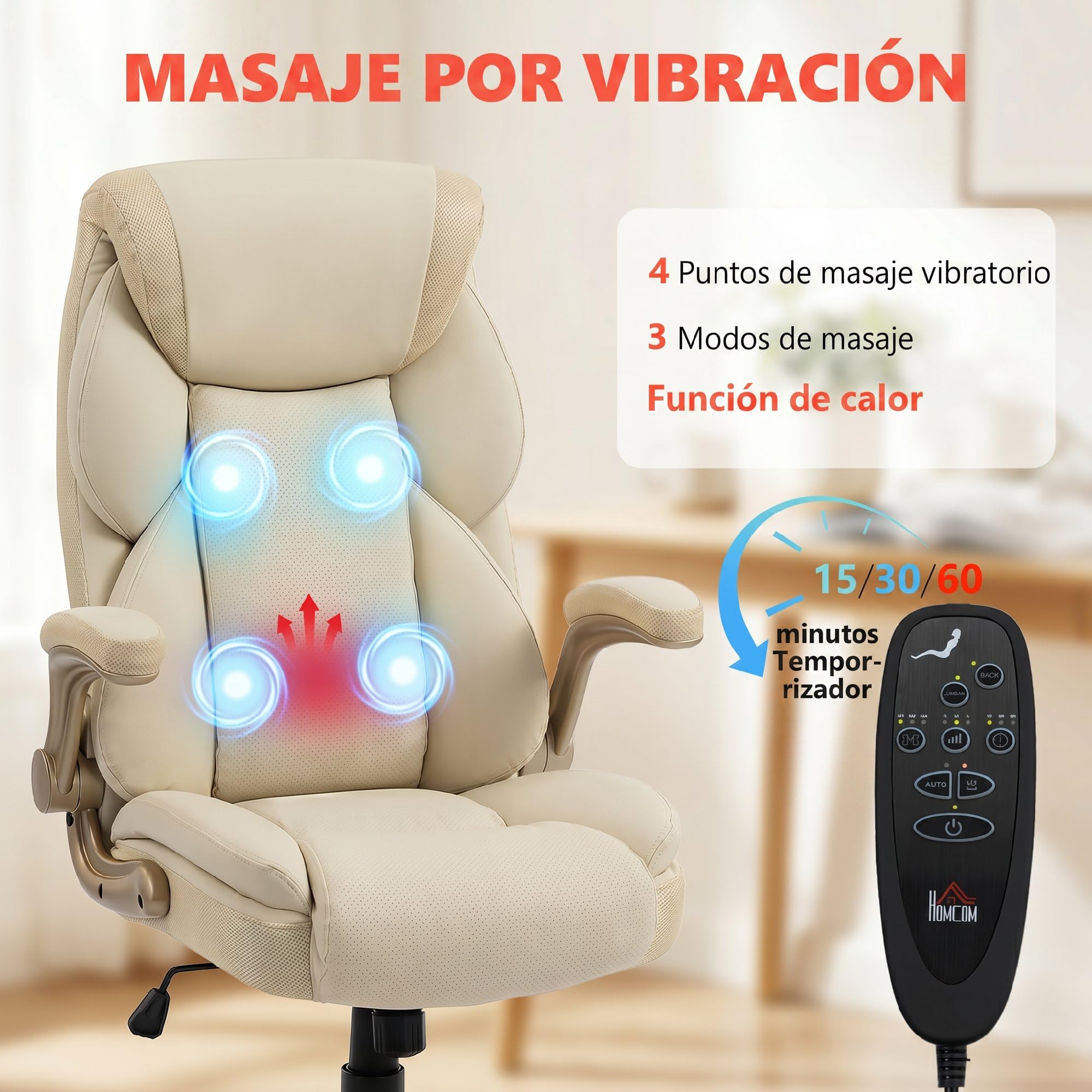 HOMCOM Silla de Oficina con Masaje Vibratorio de 4 Puntos Giratoria Crema | Silla de Escritorio, Calor Lumbar, de PU, Brazos Abatibles, Respaldo Alto, Altura Ajustable, Función de Basculante