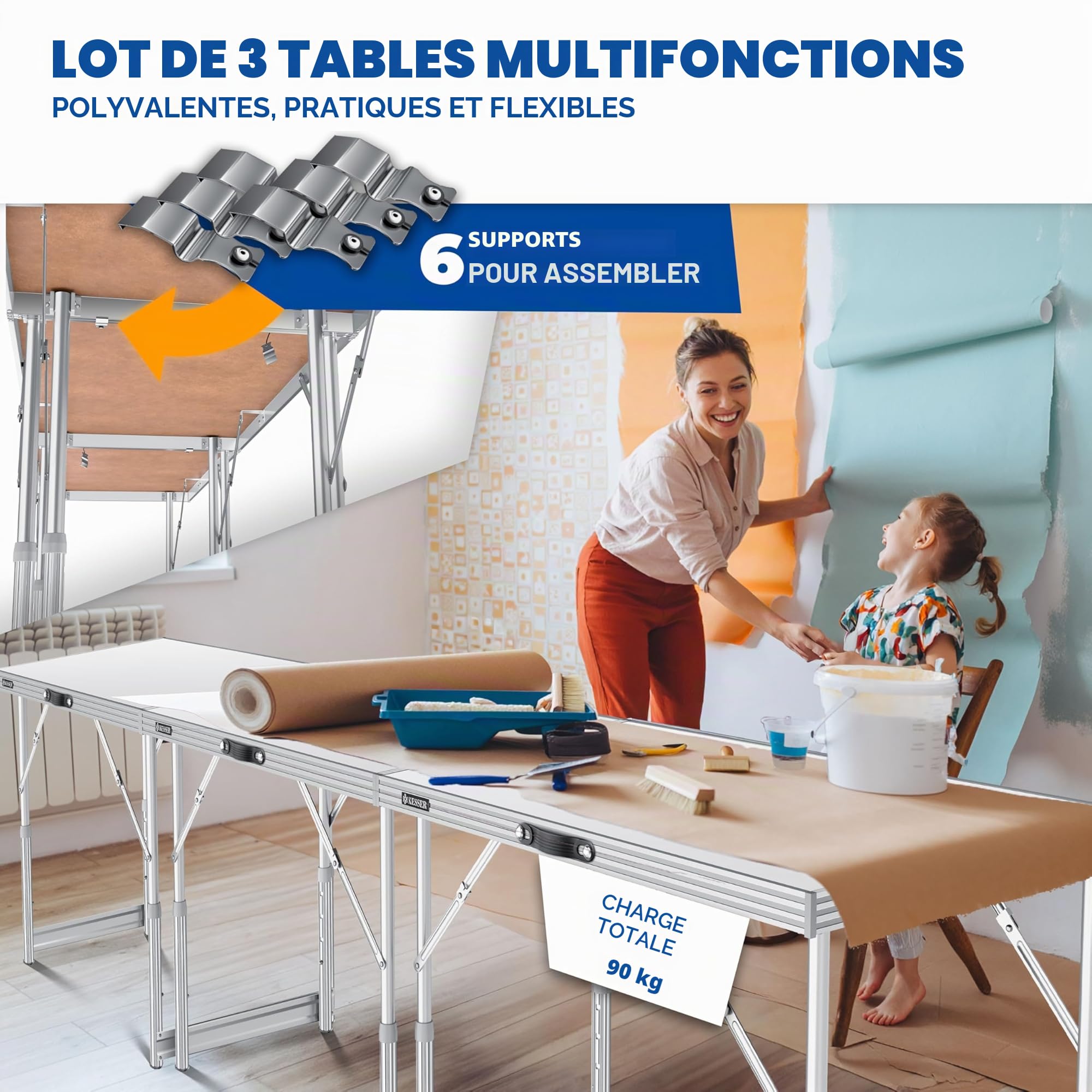 KESSER Table Multifonctions Professionnelle 100 x 60 cm Pliante 30 kg Charge Rallonge